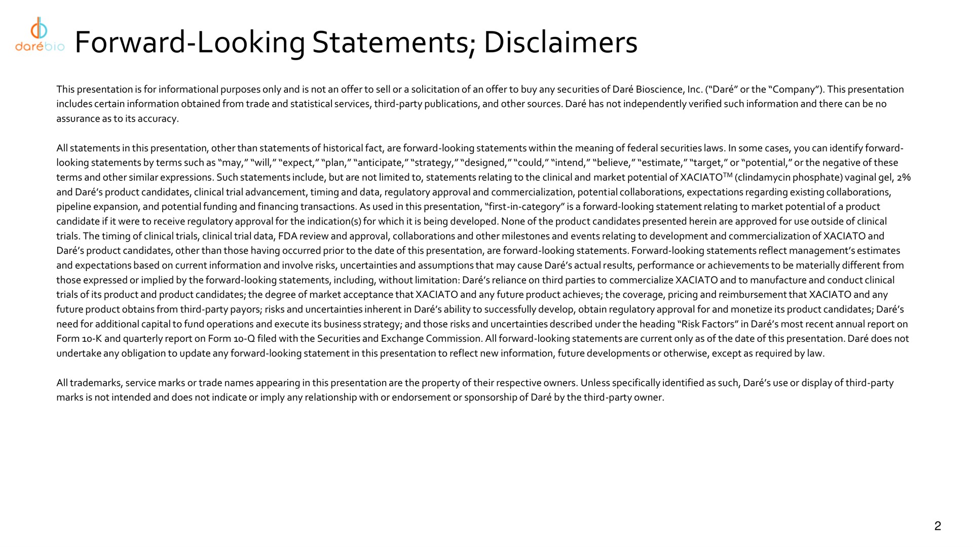 forward looking statements disclaimers | Dare Bioscience