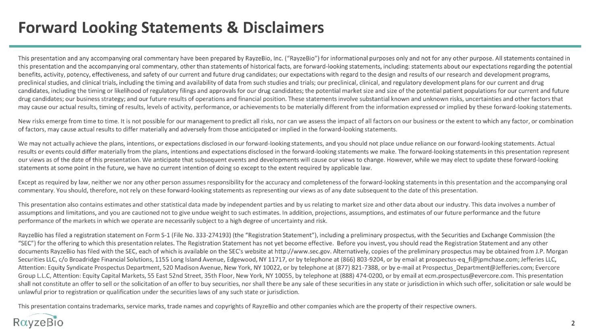 forward looking statements disclaimers | RayzeBio