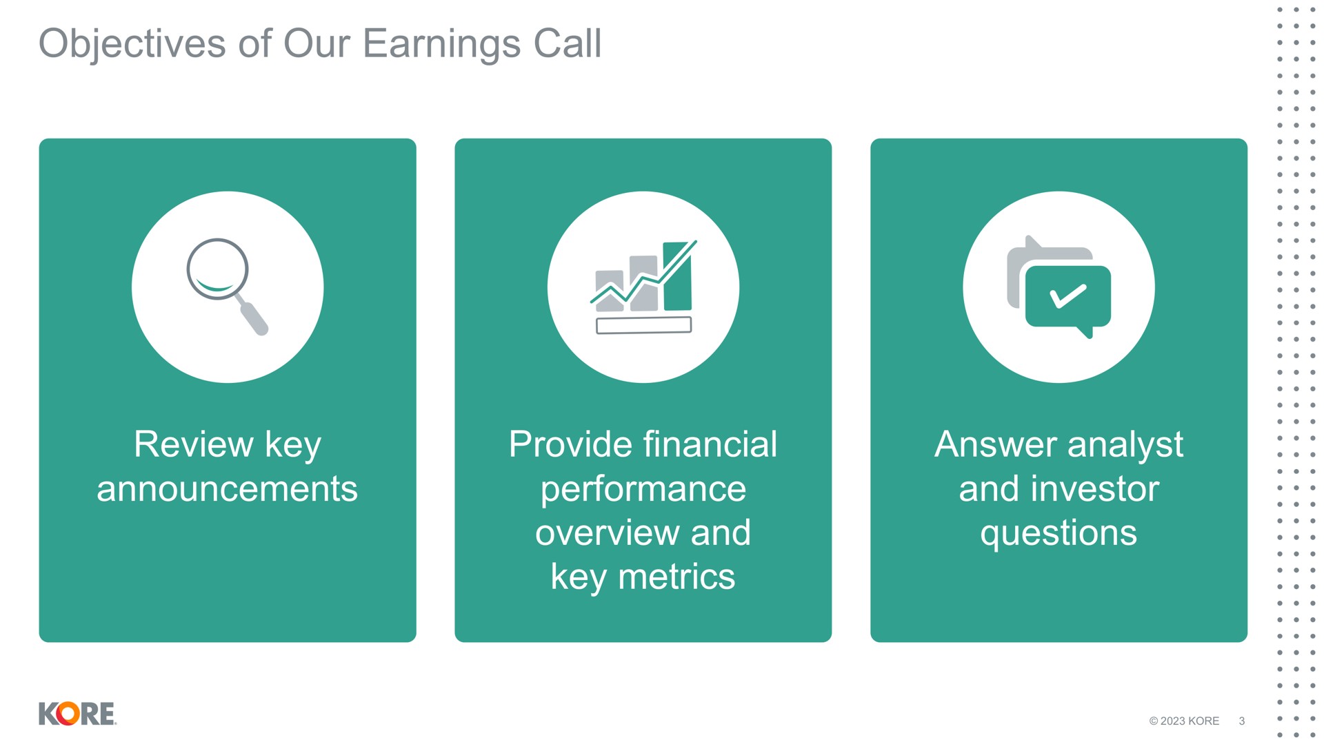 objectives of our earnings call review key announcements provide financial performance overview and key metrics answer analyst and investor questions kore | Kore