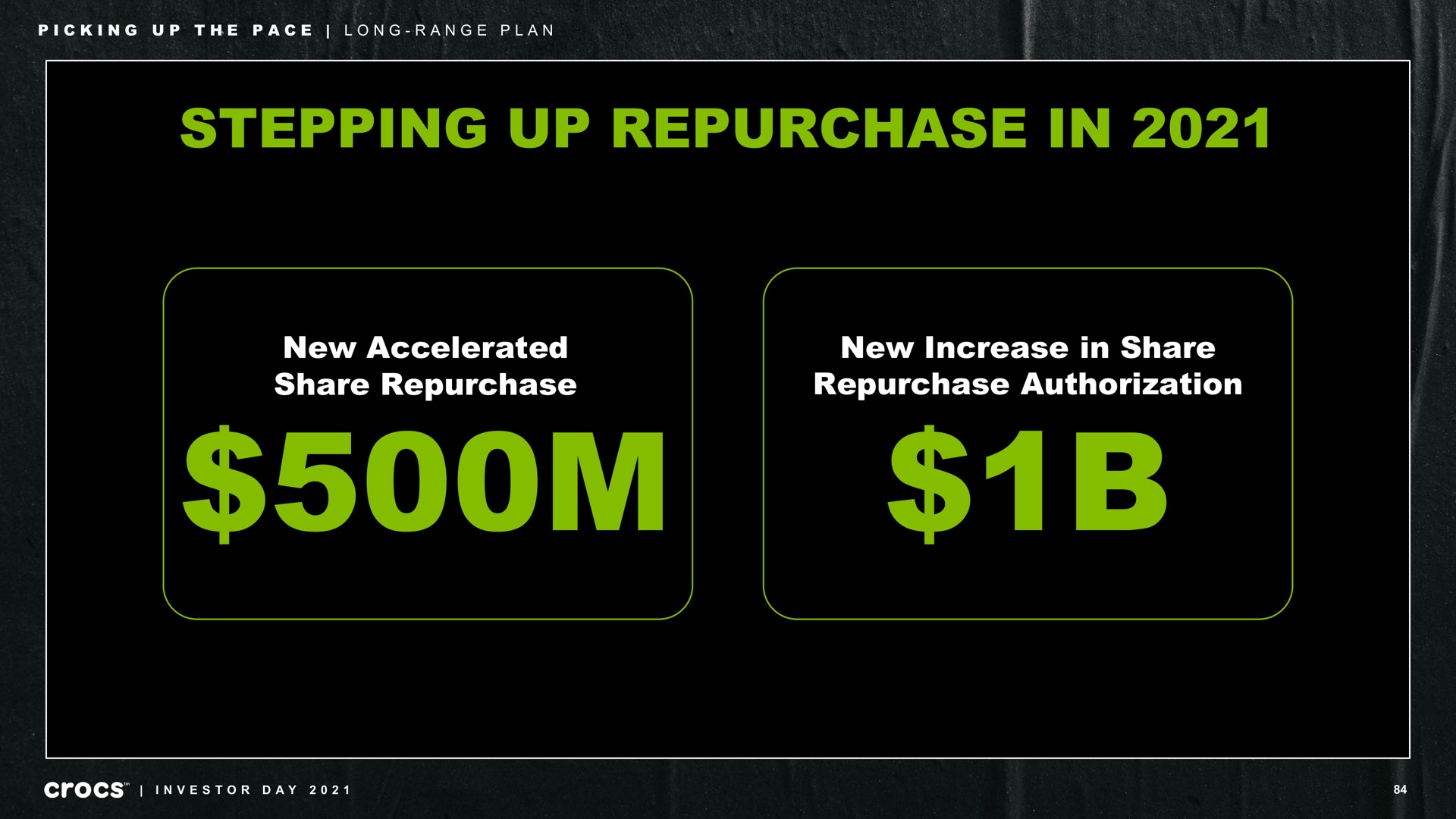 stepping up repurchase in new accelerated share repurchase new increase in share repurchase authorization picking the pace long range plan i investor day | Crocs