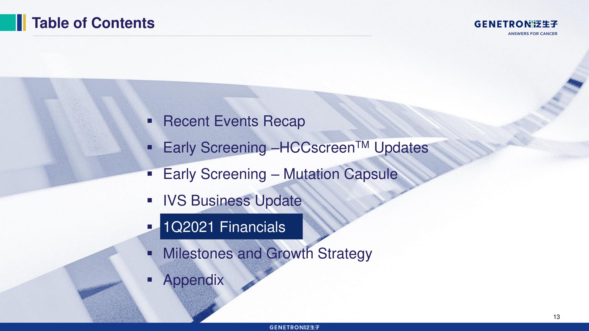 table of contents recent events recap early screening updates early screening mutation capsule business update milestones and growth strategy appendix ones | Genetron