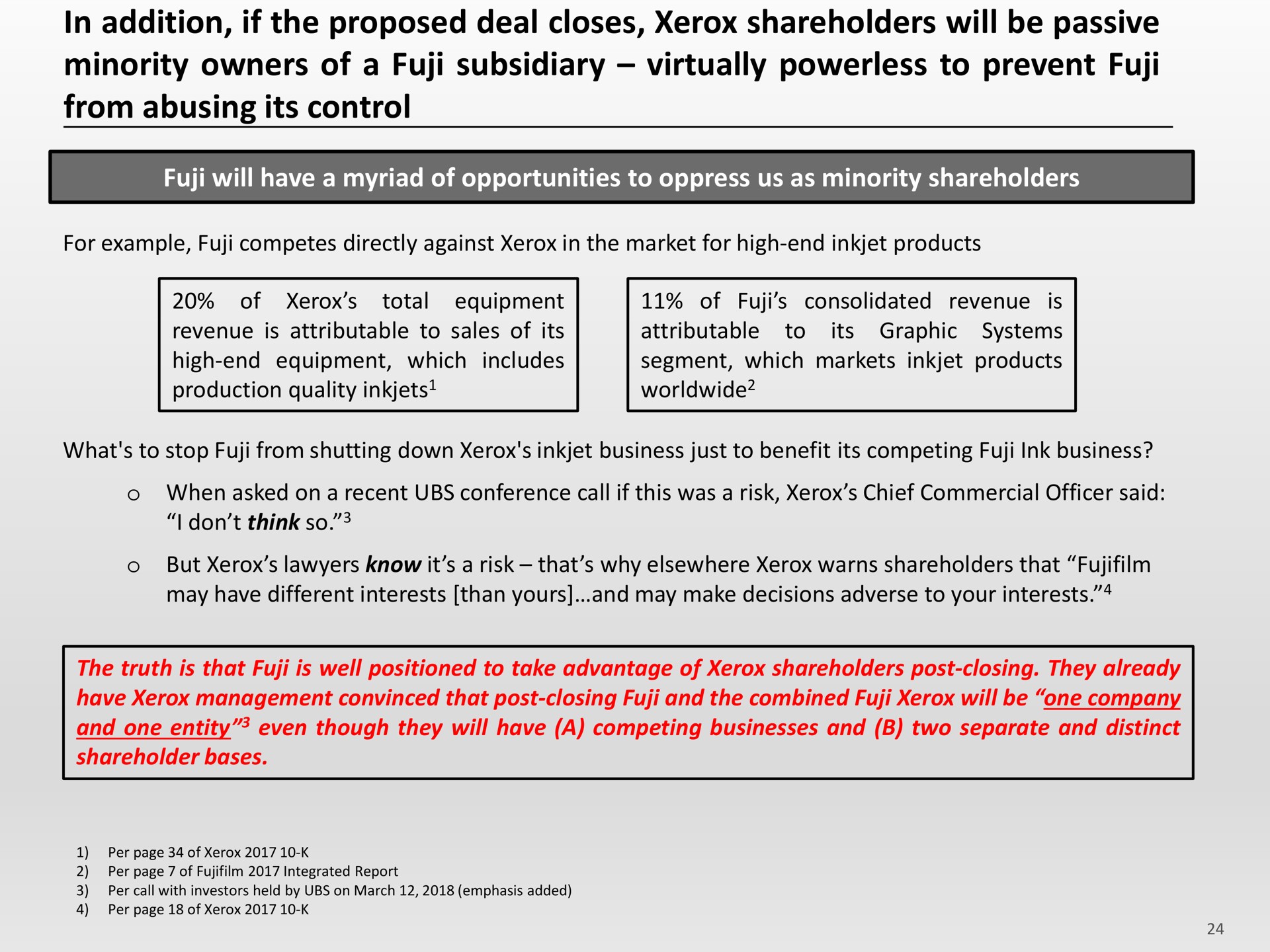 in addition if the proposed deal closes shareholders will be passive minority owners of a fuji subsidiary virtually powerless to prevent fuji from abusing its control | Icahn Enterprises