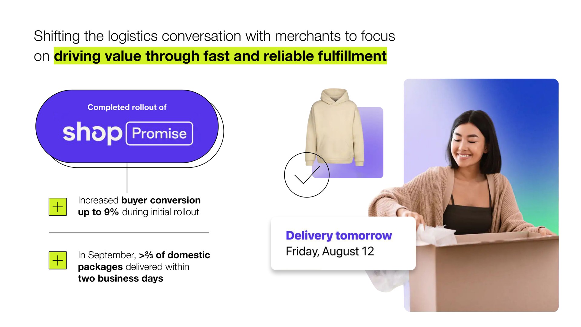 shifting the logistics conversation with merchants to focus on driving value through fast and reliable fulfillment in of domestic delivery tomorrow august | Shopify