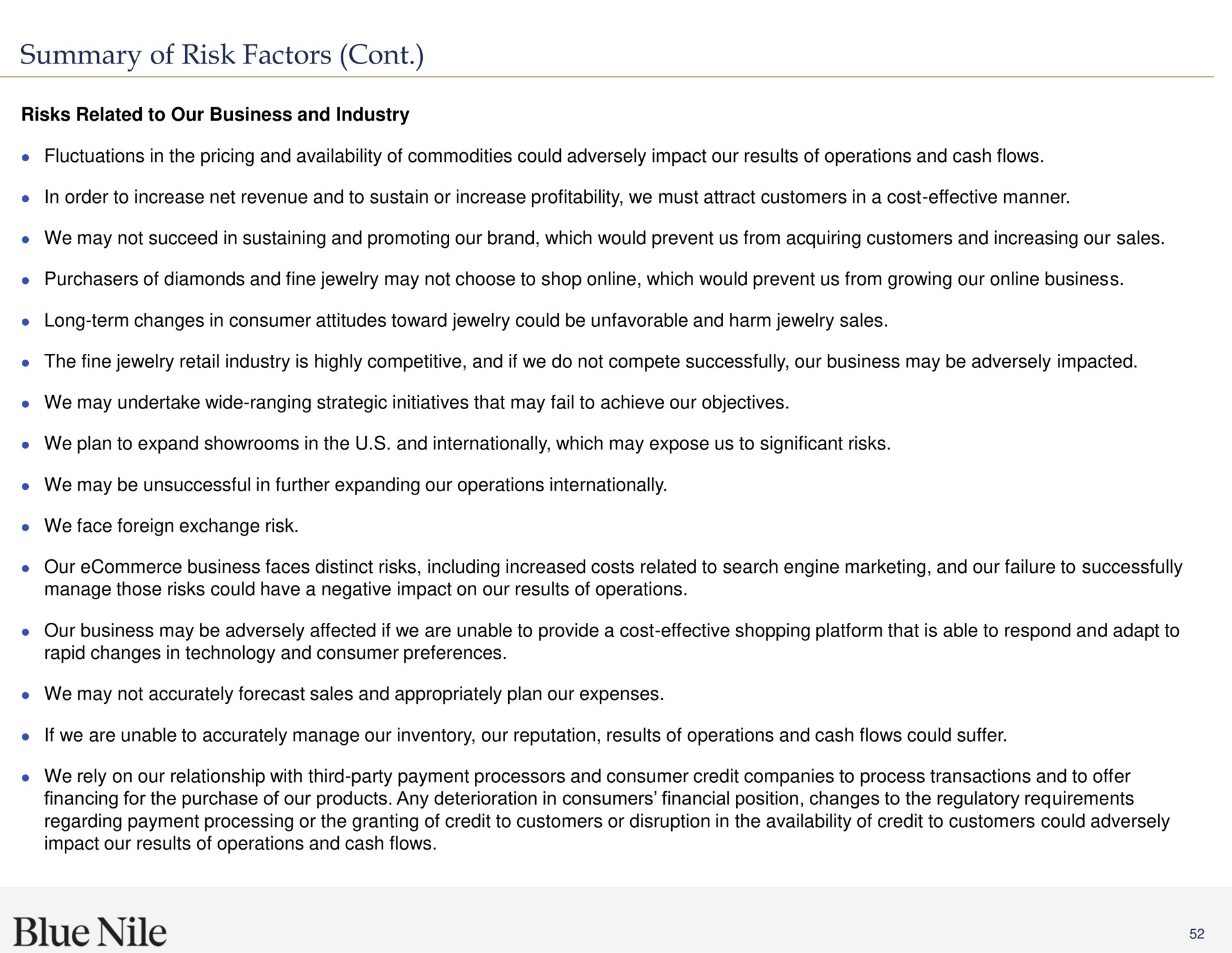 summary of risk factors blue | Blue Nile