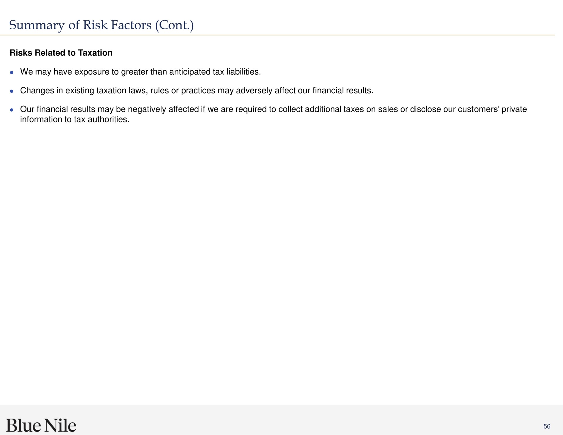 summary of risk factors blue | Blue Nile