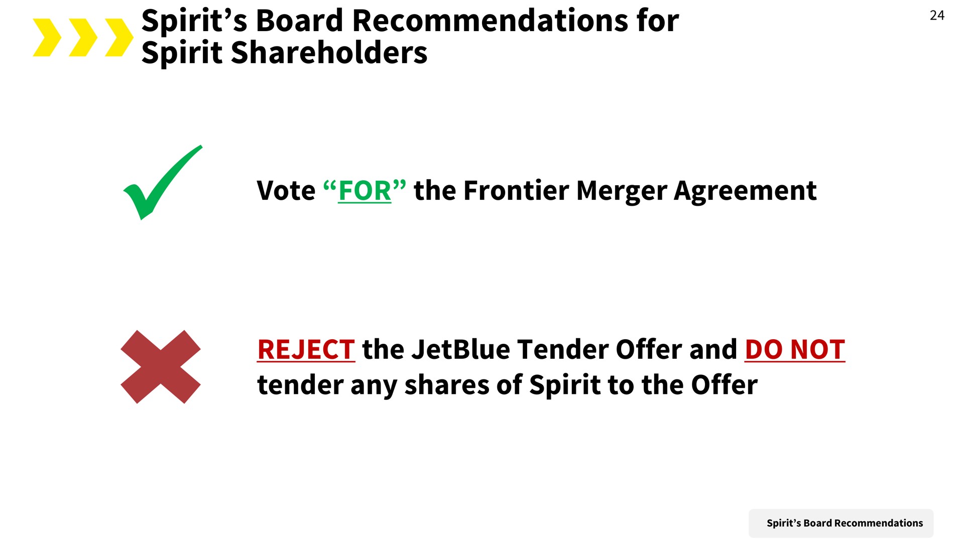 spirit board recommendations for spirit shareholders vote for the frontier merger agreement reject the tender offer and do not tender any shares of spirit to the offer | Spirit