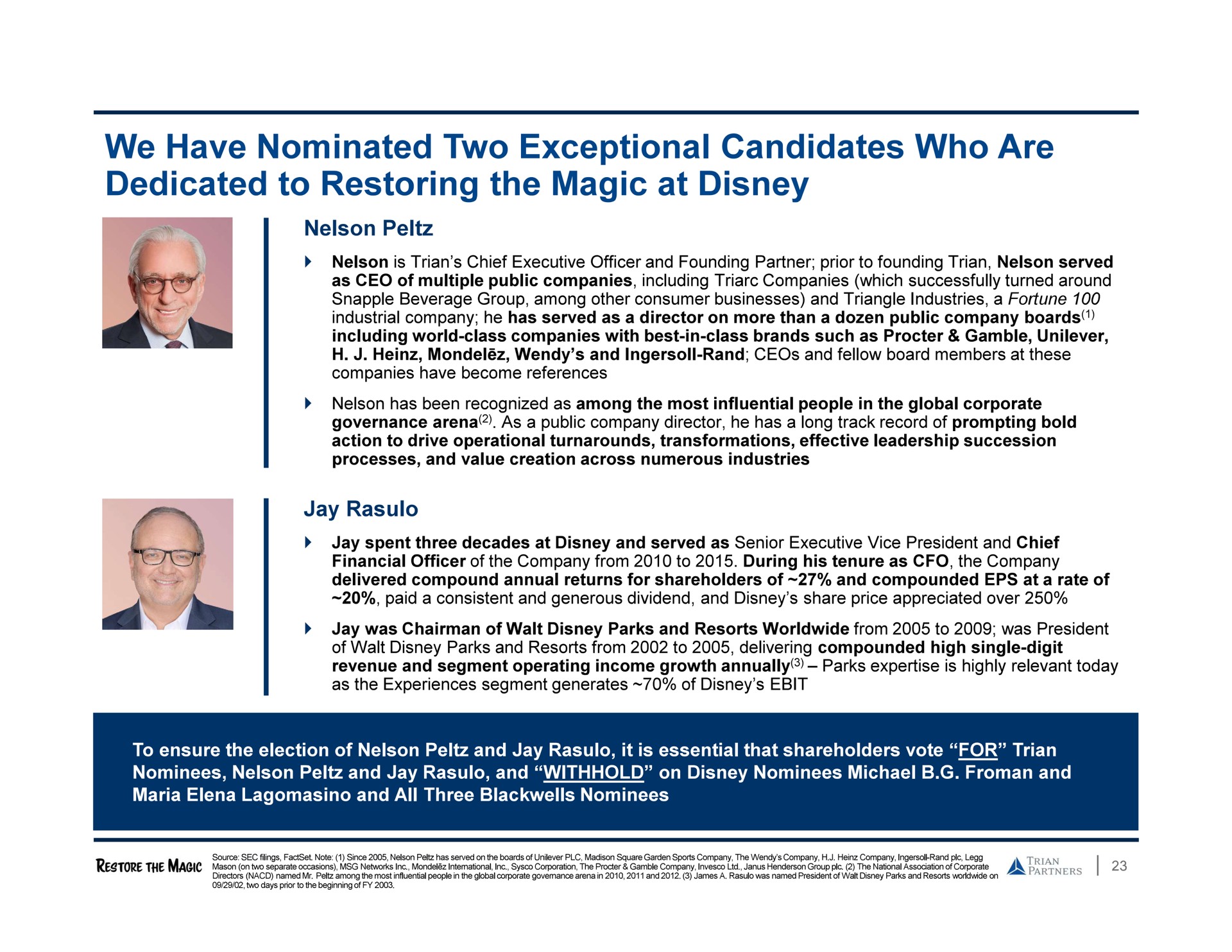 we have nominated two exceptional candidates who are dedicated to restoring the magic at | Trian Partners