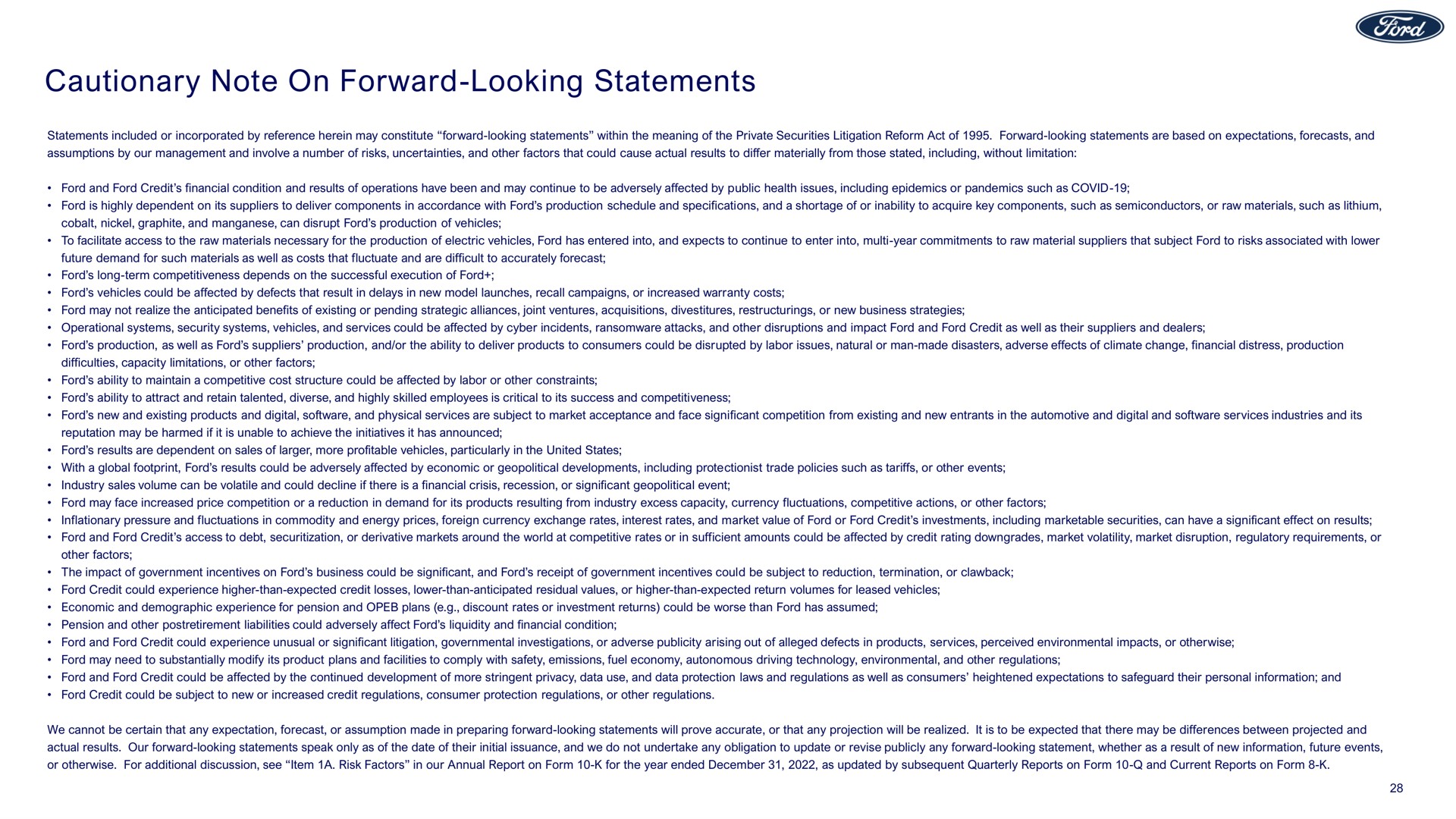 cautionary note on forward looking statements | Ford
