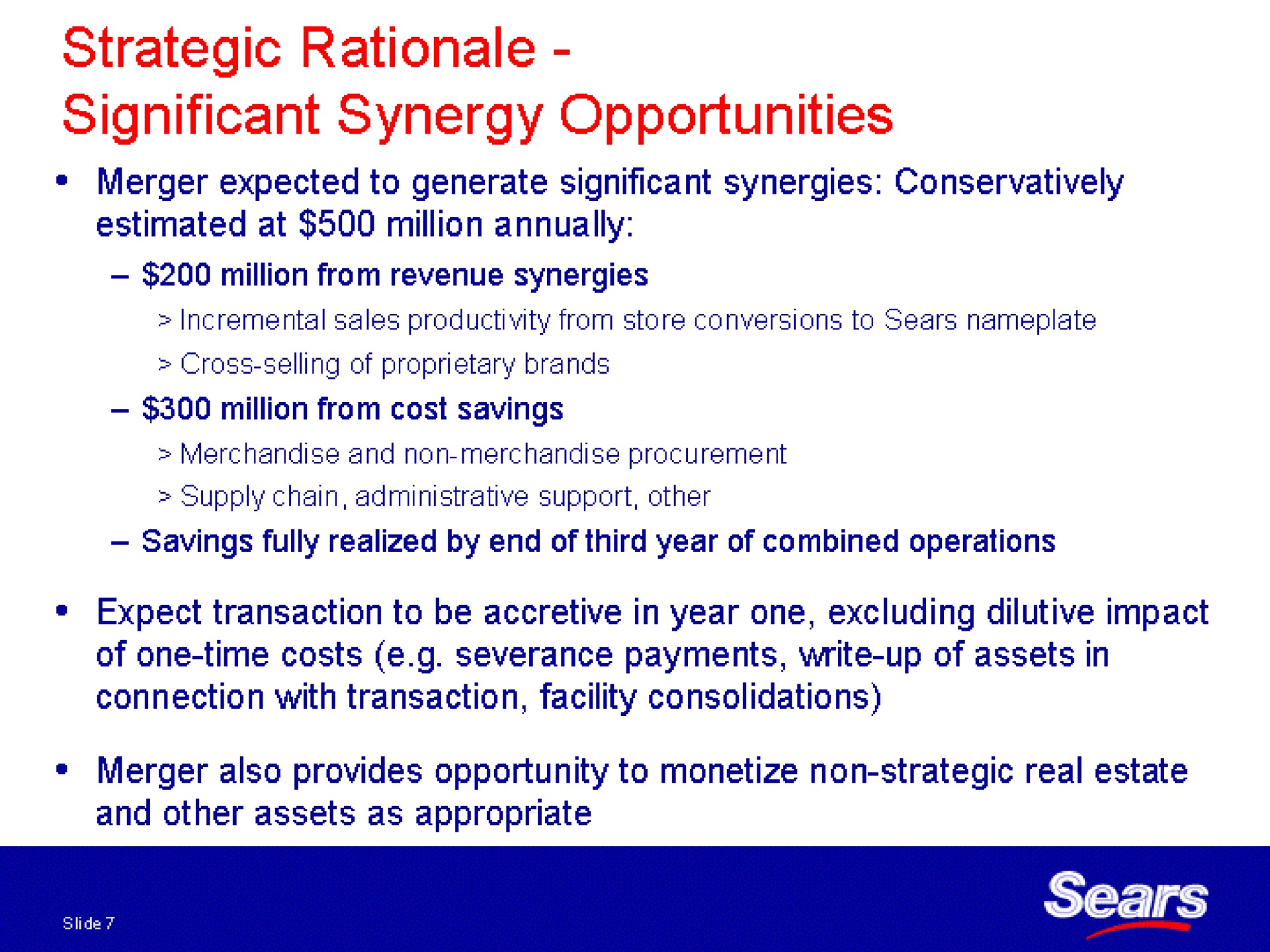 rationale significant synergy opportunities | Sears
