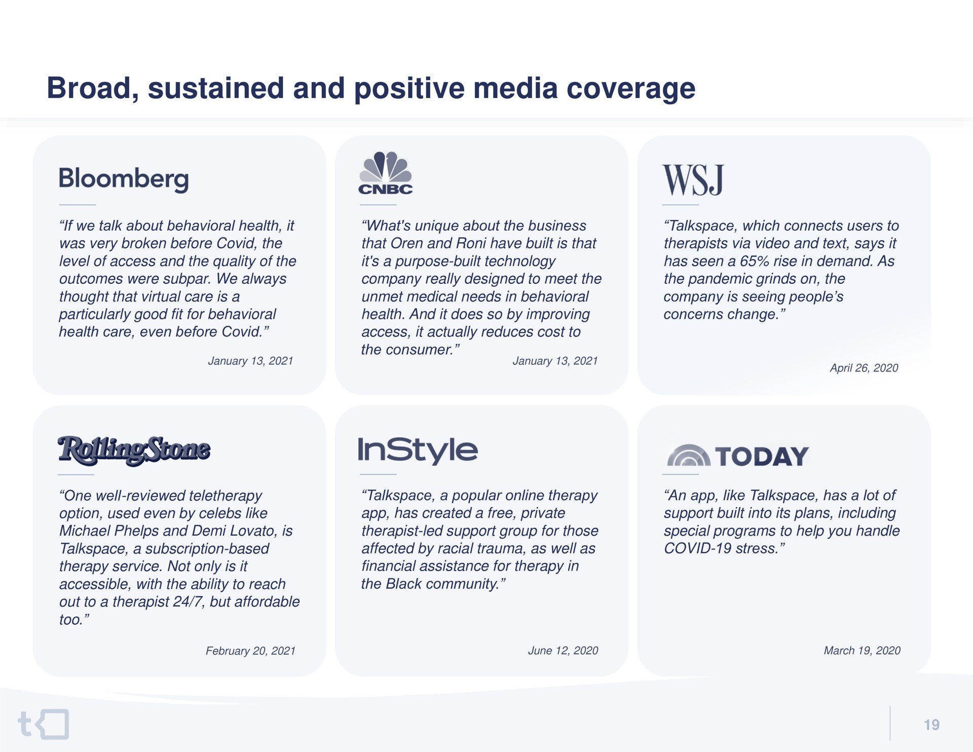 broad sustained and positive media coverage | Talkspace