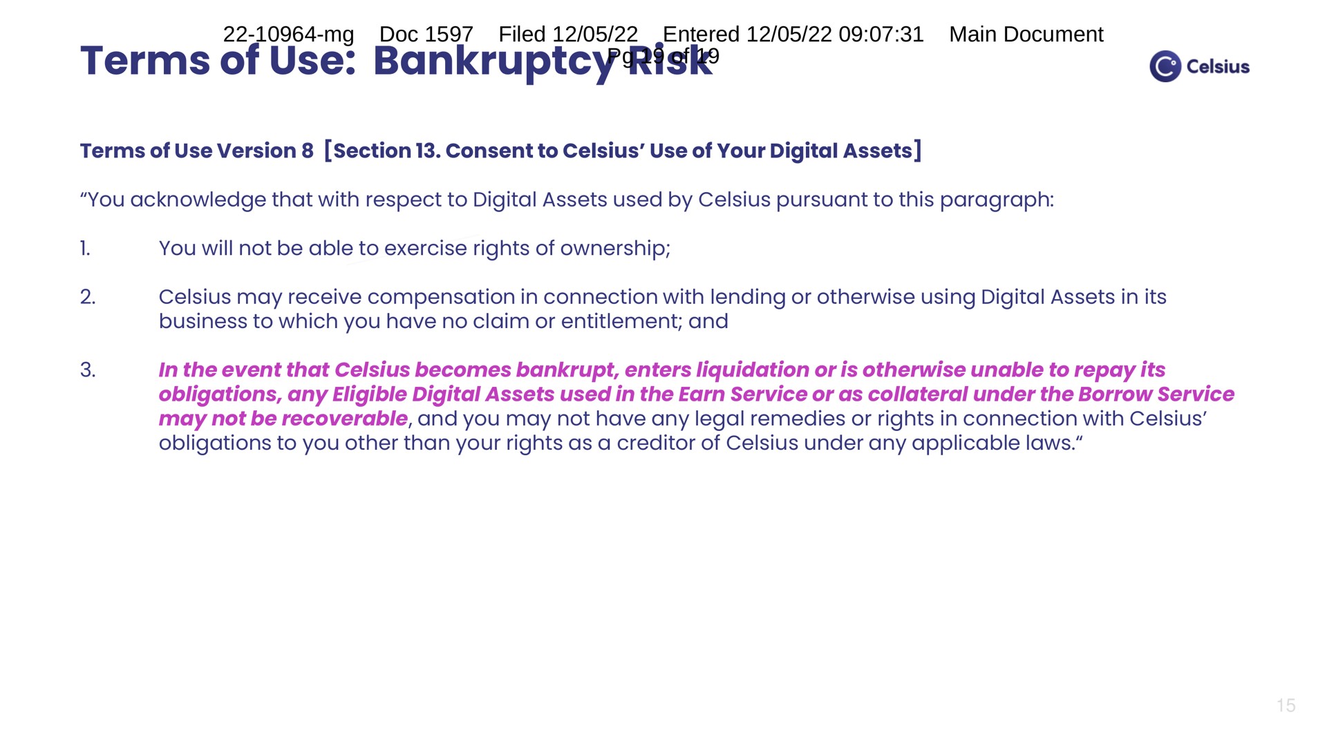 terms of use bankruptcy risk | Celsius Network