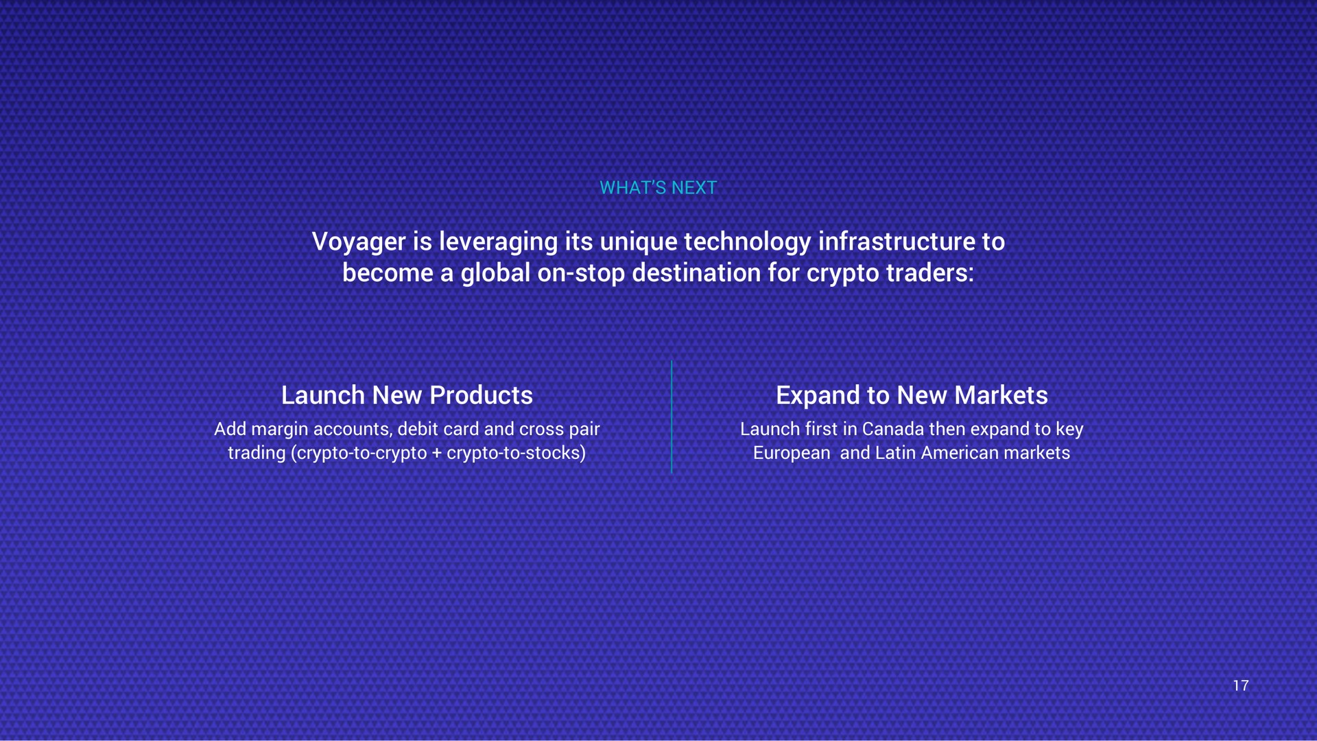 what next voyager is leveraging its unique technology infrastructure to become a global on stop destination for traders launch new products add margin accounts debit card and cross pair trading to to stocks expand to new markets launch first in canada then expand to key and markets | Voyager Digital