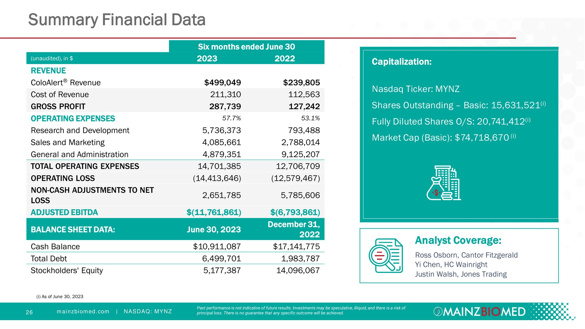summary financial data sales and marketing balance sheet on lope fully diluted shares as a pyres | Mainz Biomed NV