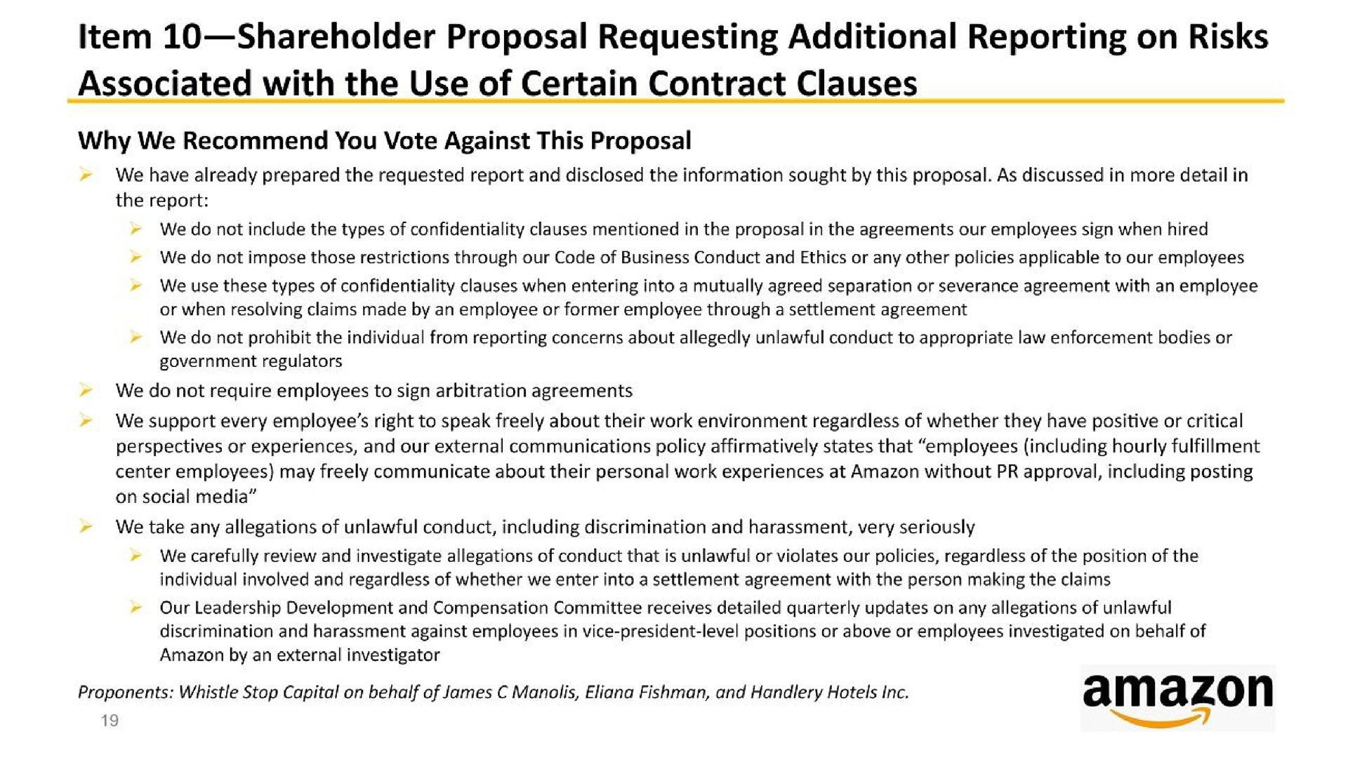 item shareholder proposal requesting additional reporting on risks associated with the use of certain contract clauses | Amazon
