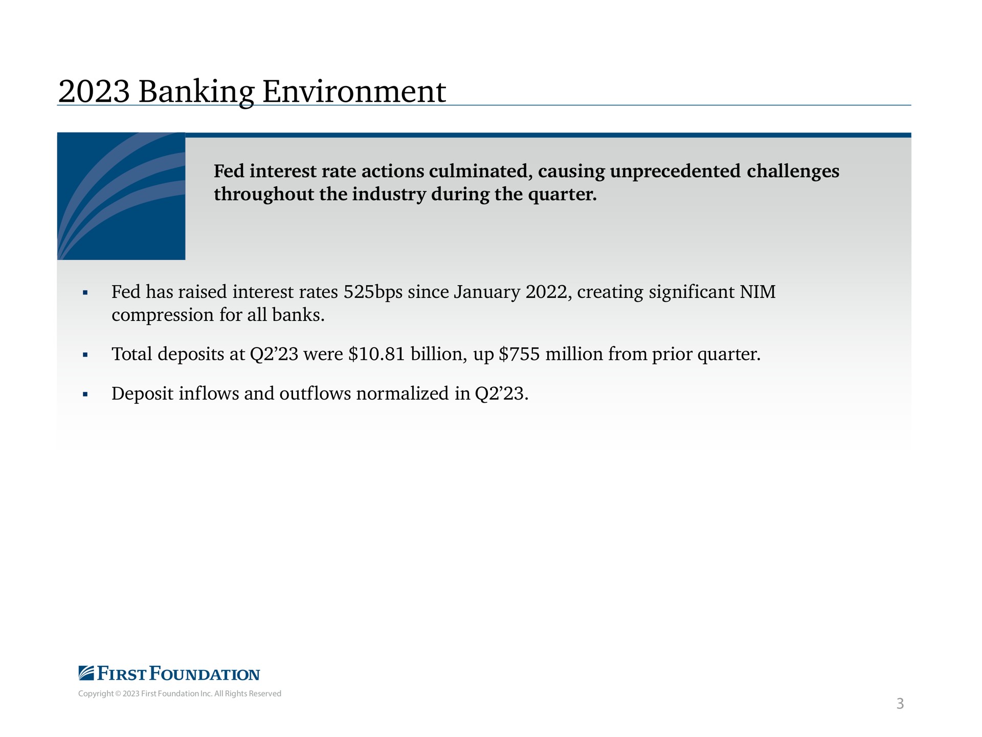banking environment fed interest rate actions culminated causing unprecedented challenges throughout the industry during the quarter fed has raised interest rates since creating significant nim compression for all banks total deposits at were billion up million from prior quarter deposit inflows and outflows normalized in | First Foundation