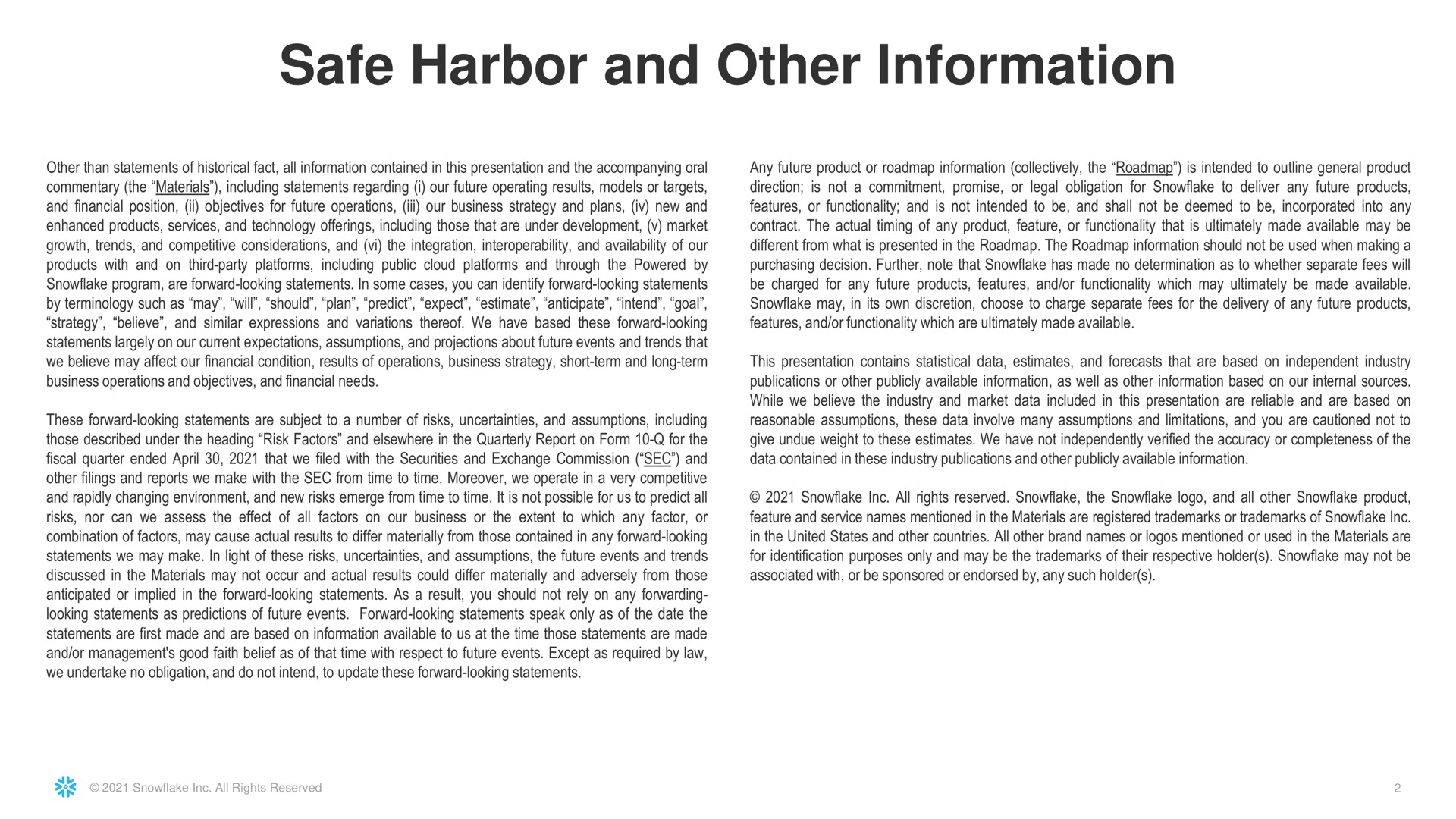 safe harbor and other information | Snowflake