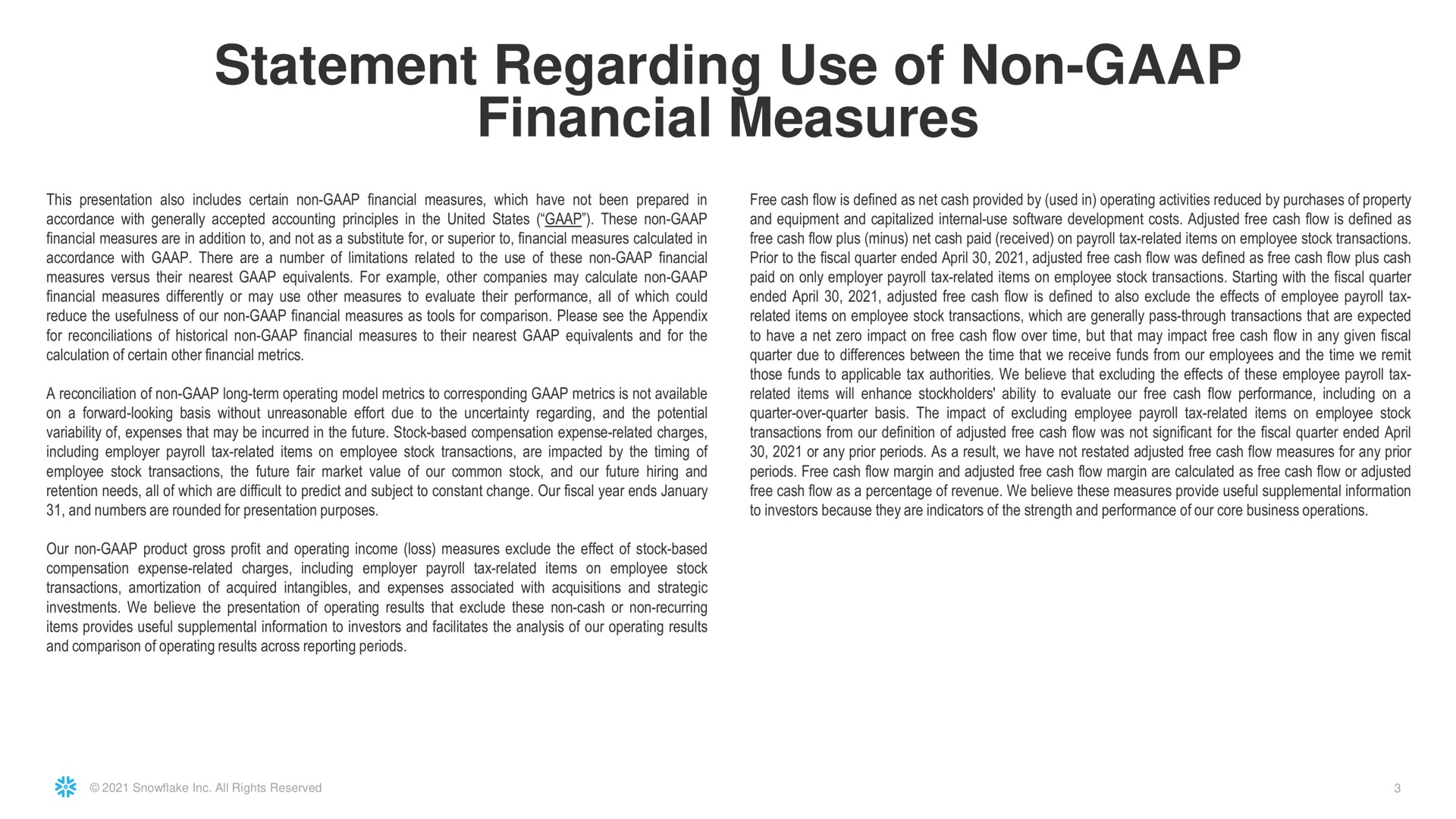 statement regarding use of non financial measures | Snowflake