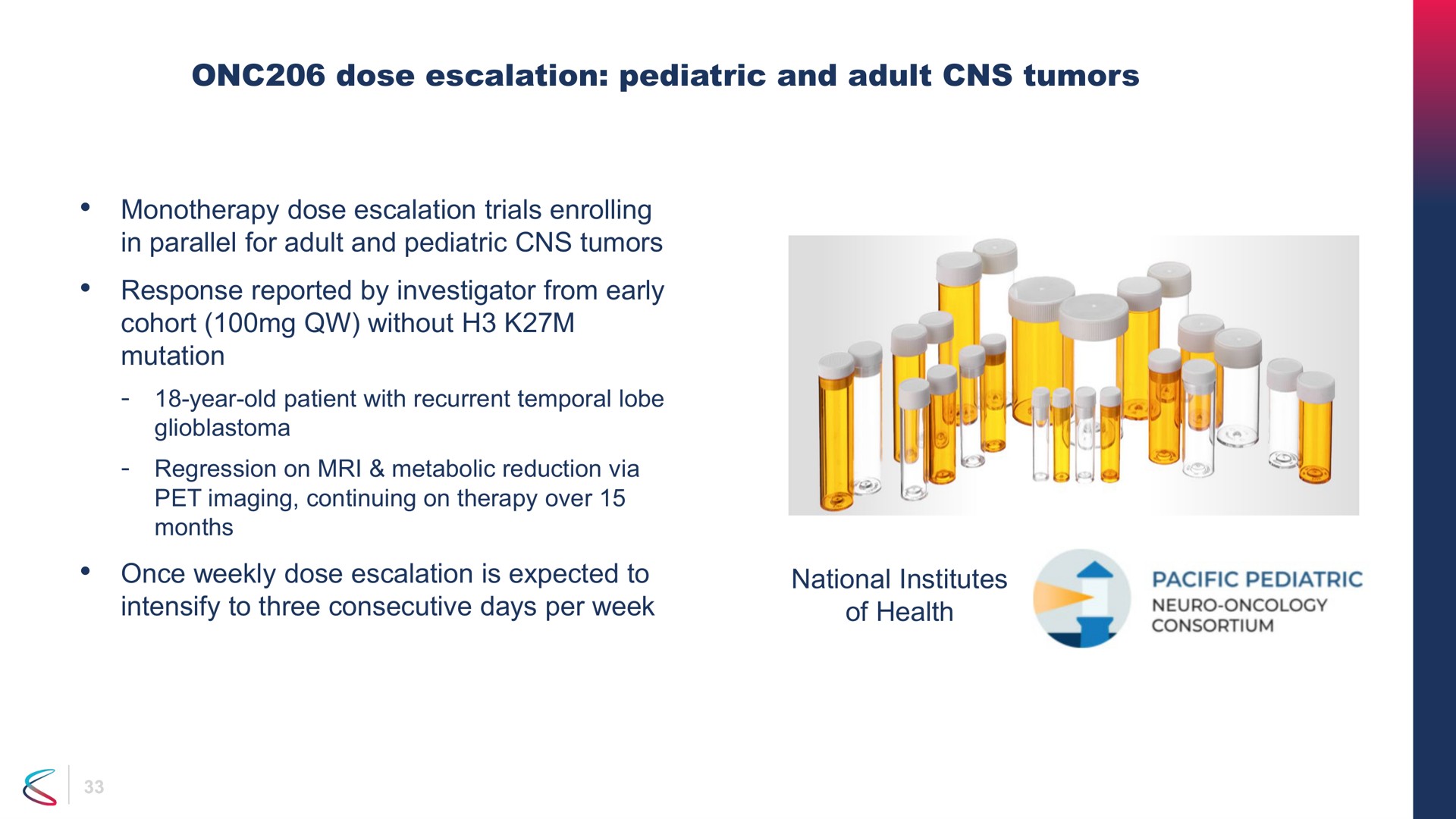 dose pediatric and adult tumors dose trials enrolling in parallel for adult and pediatric tumors response reported by investigator from early cohort without mutation once weekly dose is expected to intensify to three consecutive days per week national institutes of health pacific | Chimerix