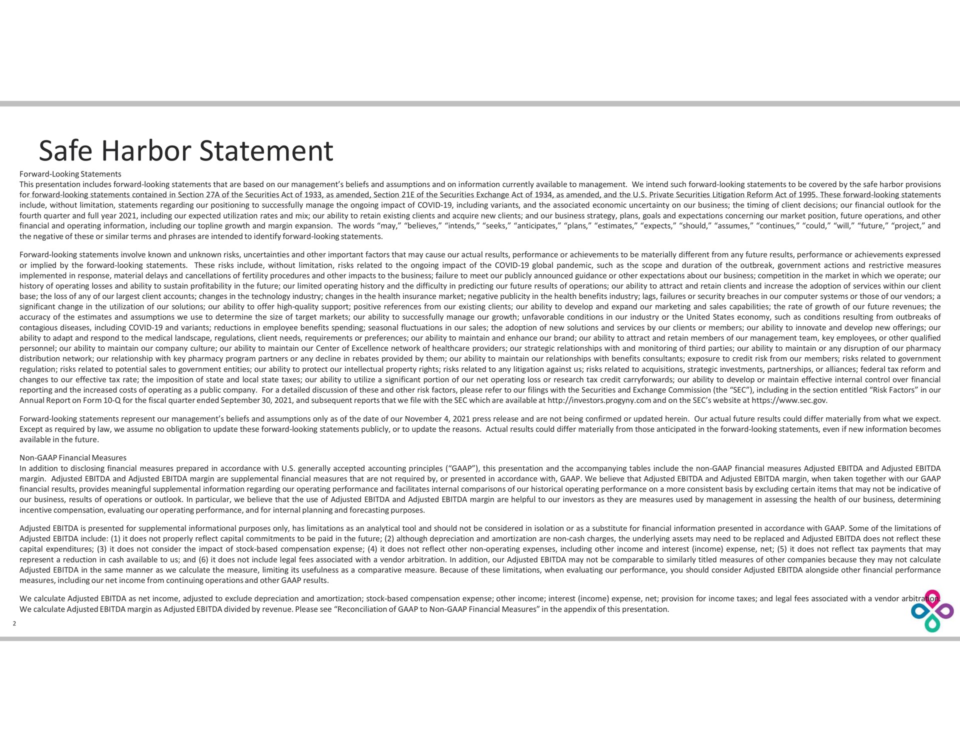 safe harbor statement | Progyny