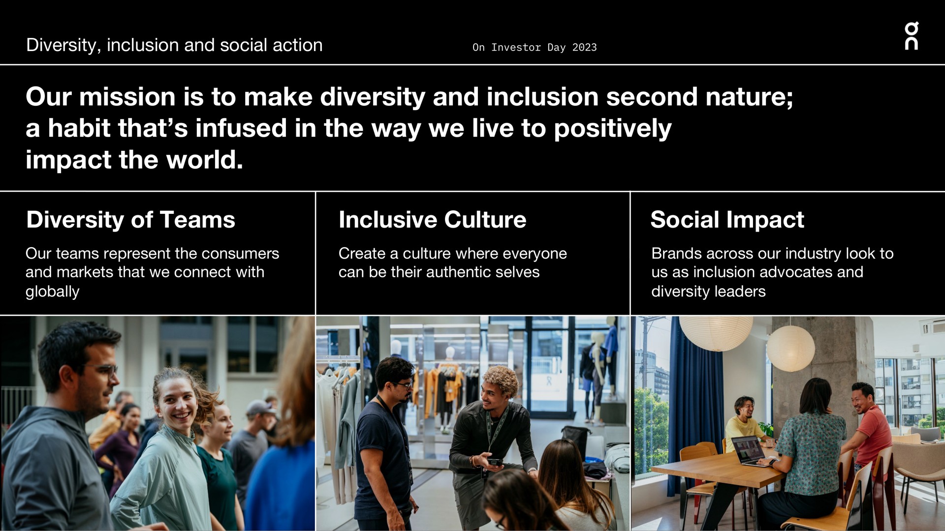 diversity inclusion and social action our mission is to make diversity and inclusion second nature a habit that infused in the way we live to positively impact the world diversity of teams inclusive culture social impact our teams represent the consumers and markets that we connect with globally create a culture where everyone can be their authentic selves brands across our industry look to us as inclusion advocates and diversity leaders ors era | On Holding