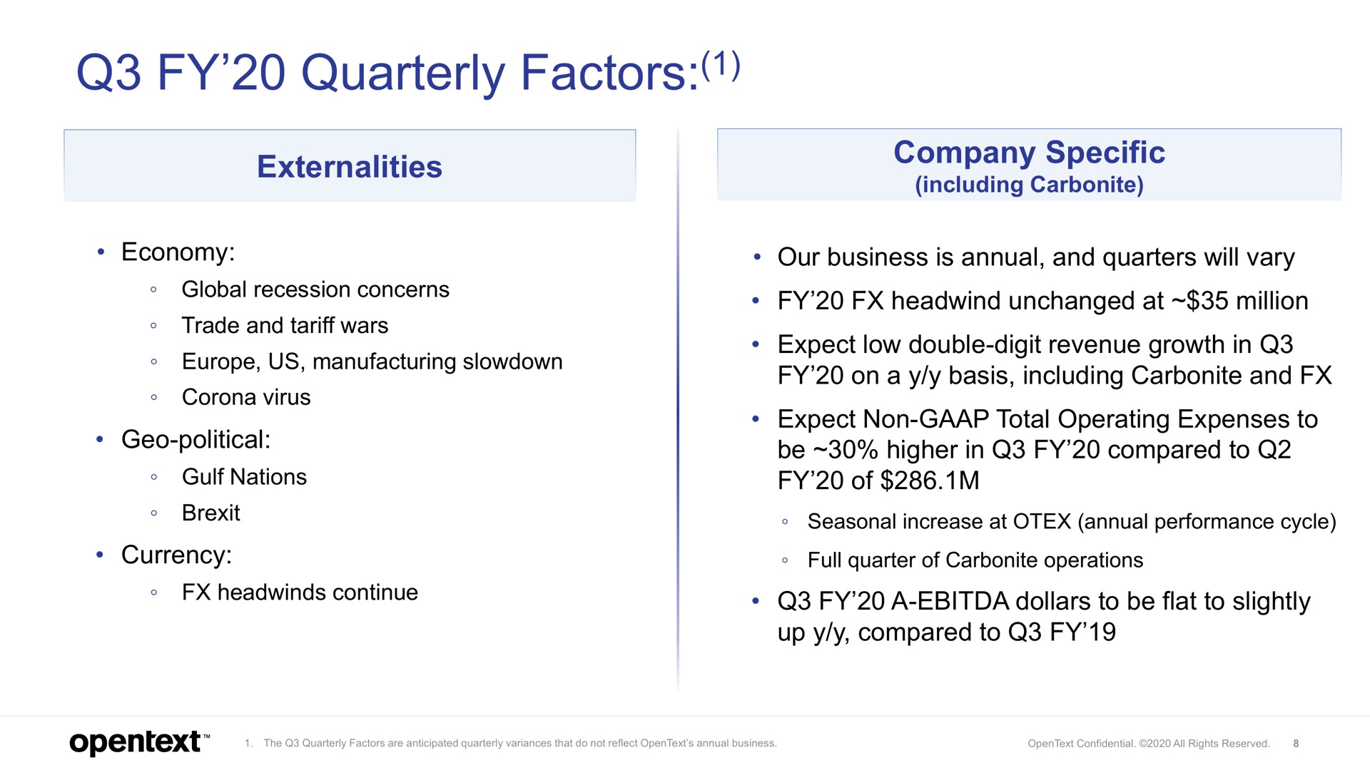quarterly factors externalities company specific | OpenText