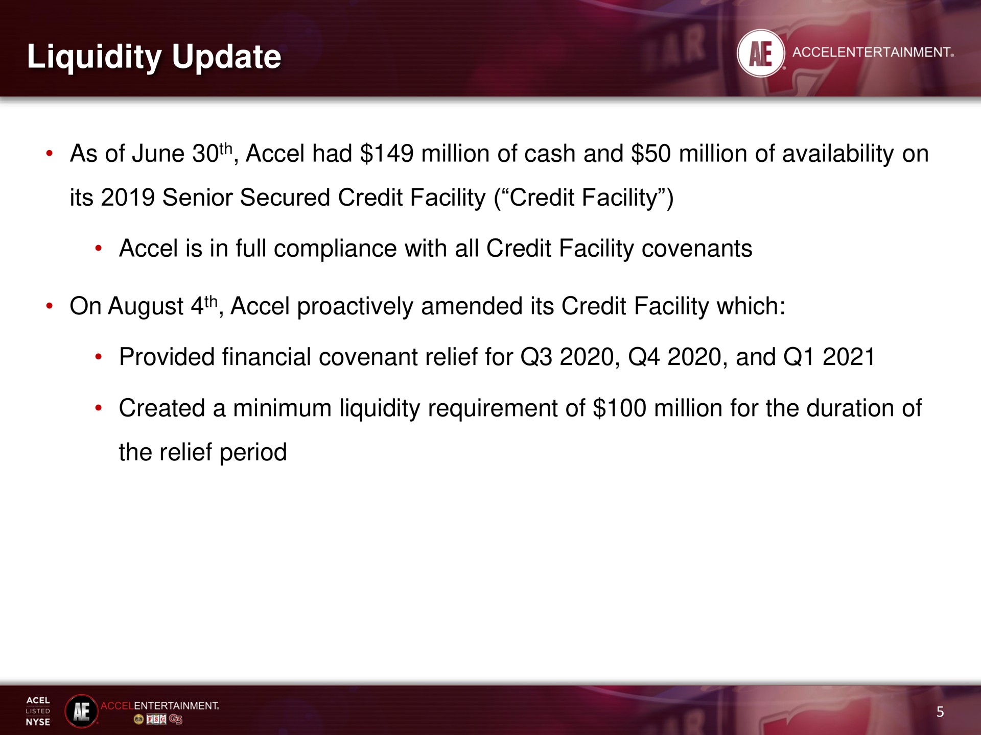 liquidity update as of june had million of cash and million of availability on its senior secured credit facility credit facility is in full compliance with all credit facility covenants on august amended its credit facility which provided financial covenant relief for and created a minimum liquidity requirement of million for the duration of the relief period | Accel Entertaiment