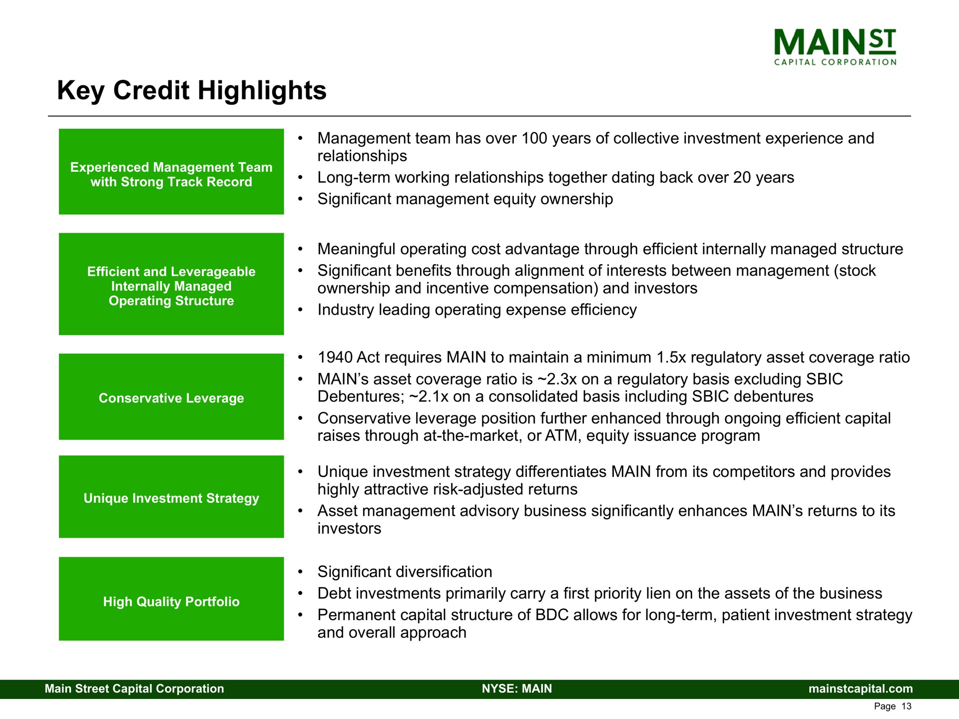 key credit highlights | Main Street Capital