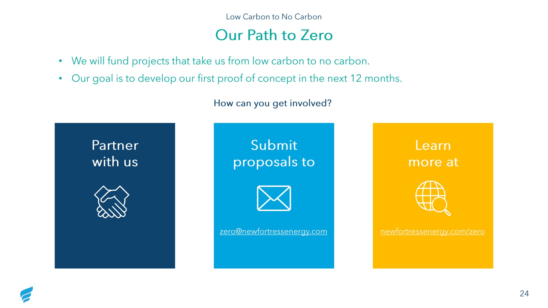 our path to zero we will fund projects that take us from low carbon to no carbon partner with us by submit proposals to | NewFortress Energy