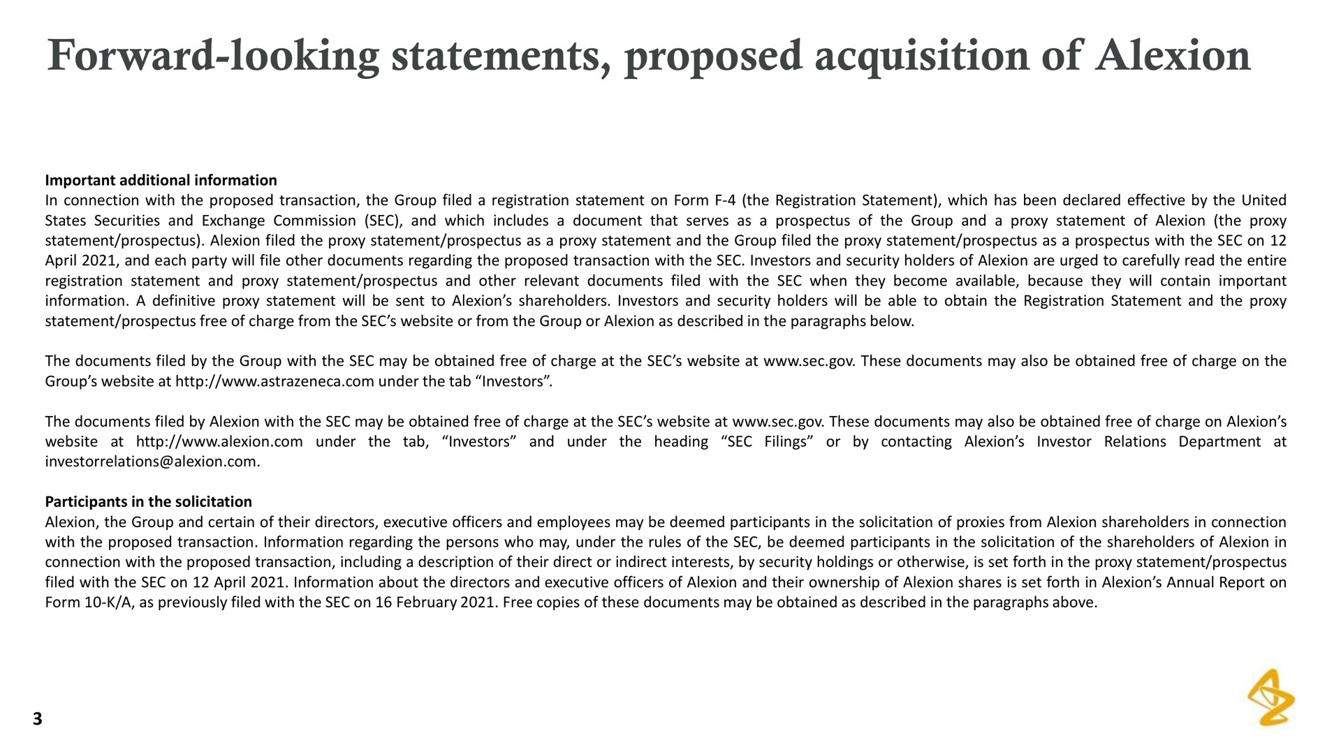 forward looking statements proposed acquisition of | AstraZeneca