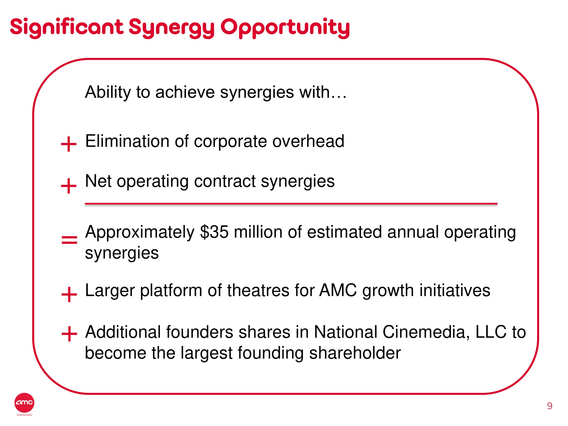 significant synergy opportunity ability to achieve synergies with elimination of corporate overhead net operating contract synergies approximately million of estimated annual operating synergies platform of for growth initiatives additional founders shares in national to become the founding shareholder | AMC