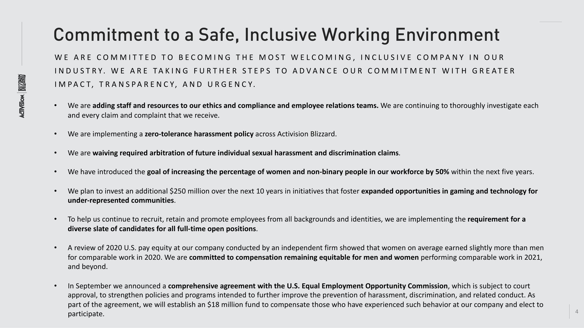 commitment to a safe inclusive working environment | Activision Blizzard