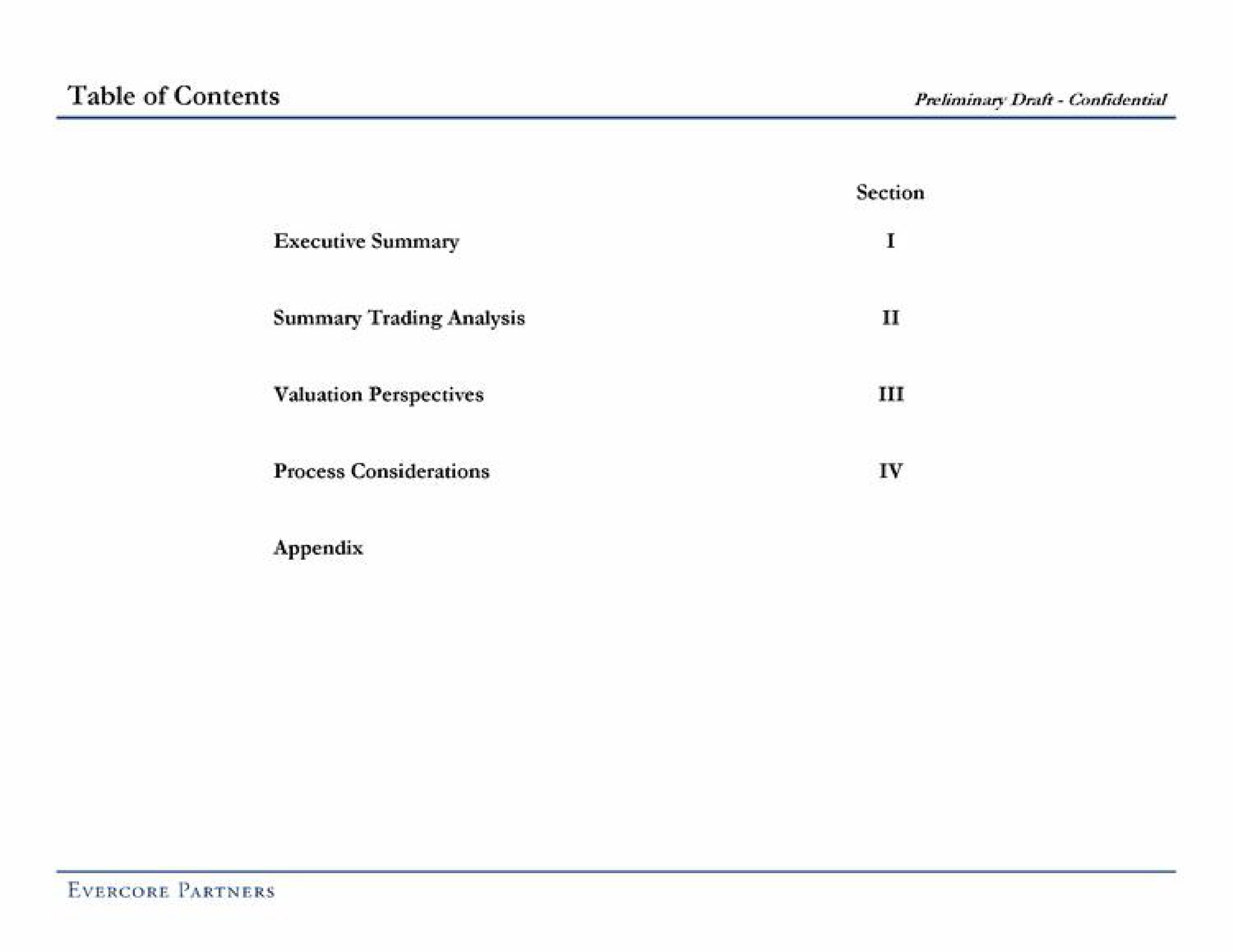 table of contents summary trading analysis valuation perspectives | Evercore