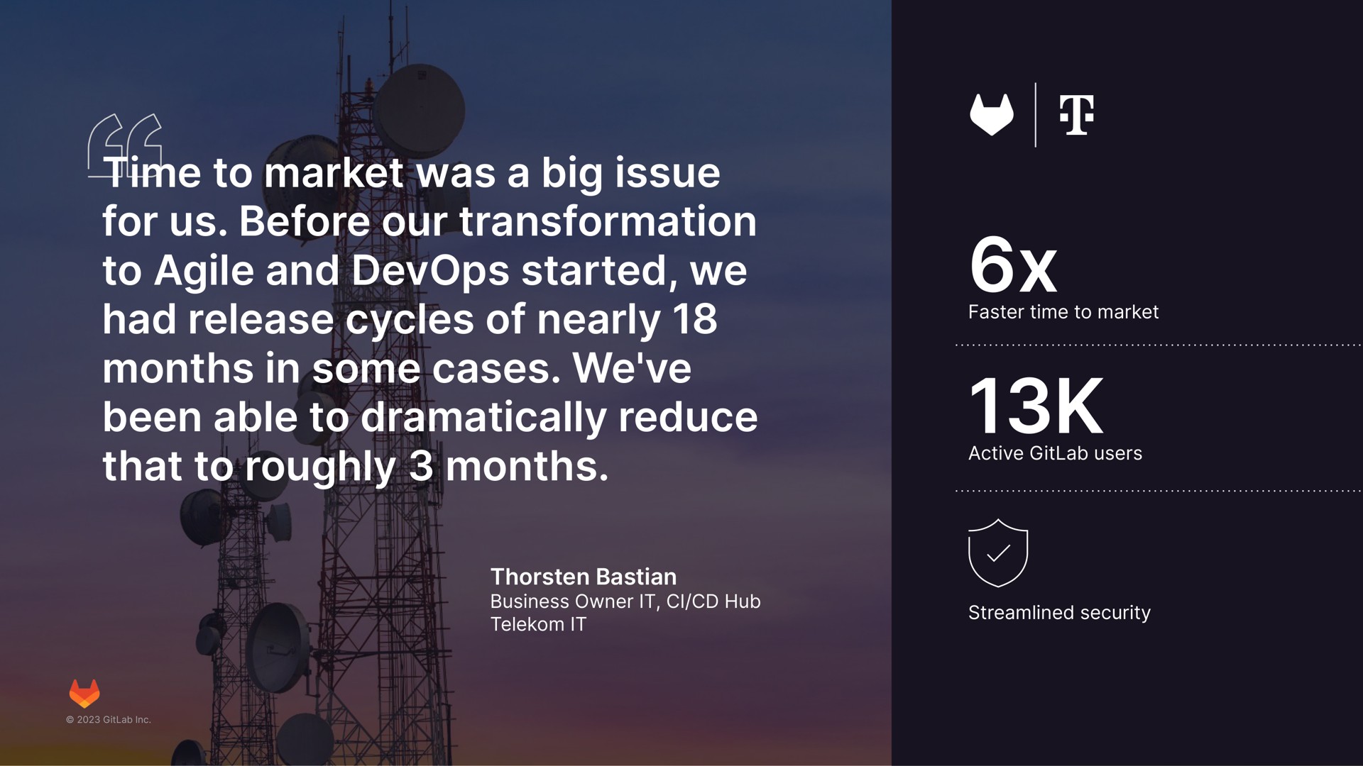 time to market was a big issue for us before our transformation to agile and started we had release cycles of nearly months in some cases we been able to dramatically reduce that to roughly months | GitLab