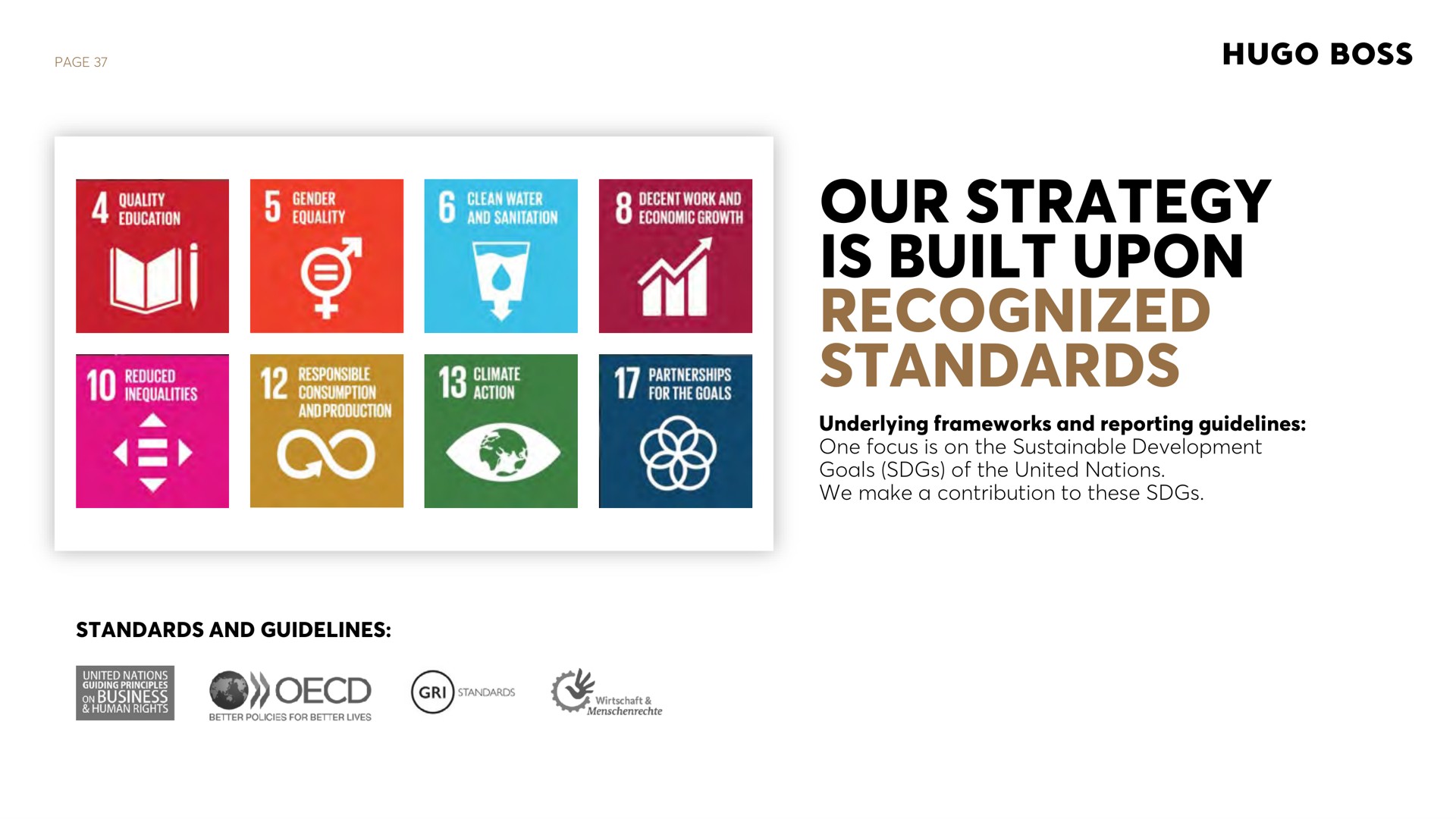 page standards and guidelines our strategy is built upon recognized standards underlying frameworks and reporting guidelines one focus is on the sustainable development goals of the united nations we make a contribution to these cay | Hugo Boss