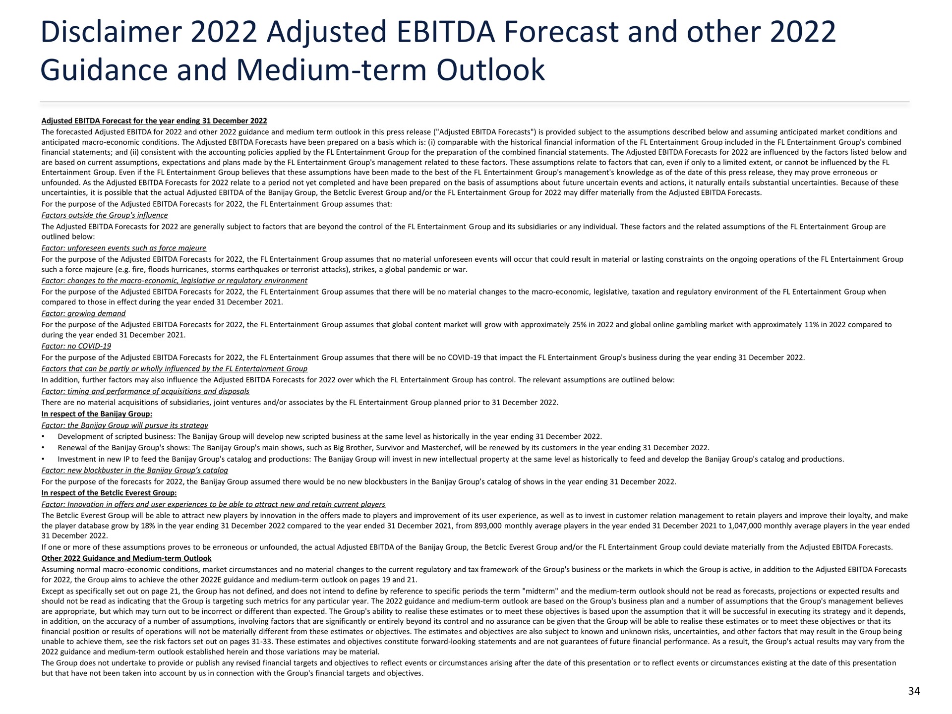 disclaimer adjusted forecast and other guidance and medium term outlook | FL Entertaiment