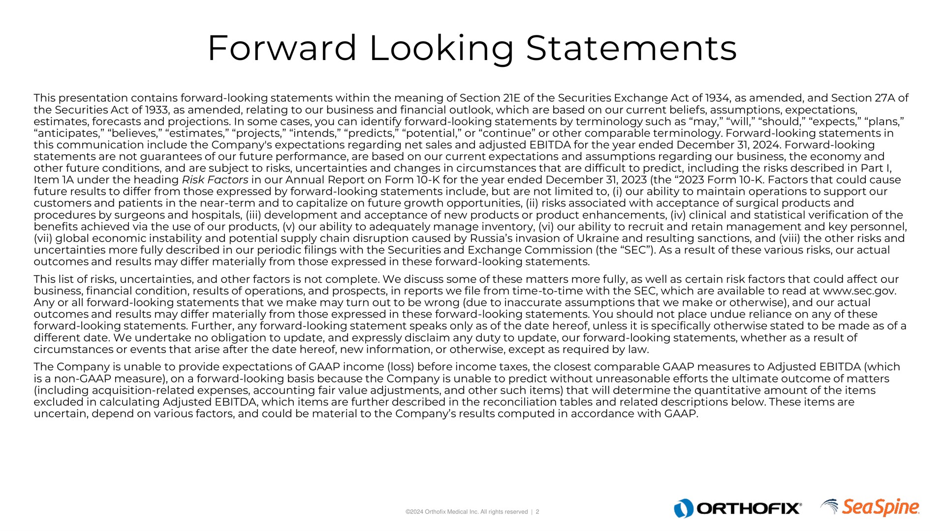 forward looking statements sear mane | Orthofix