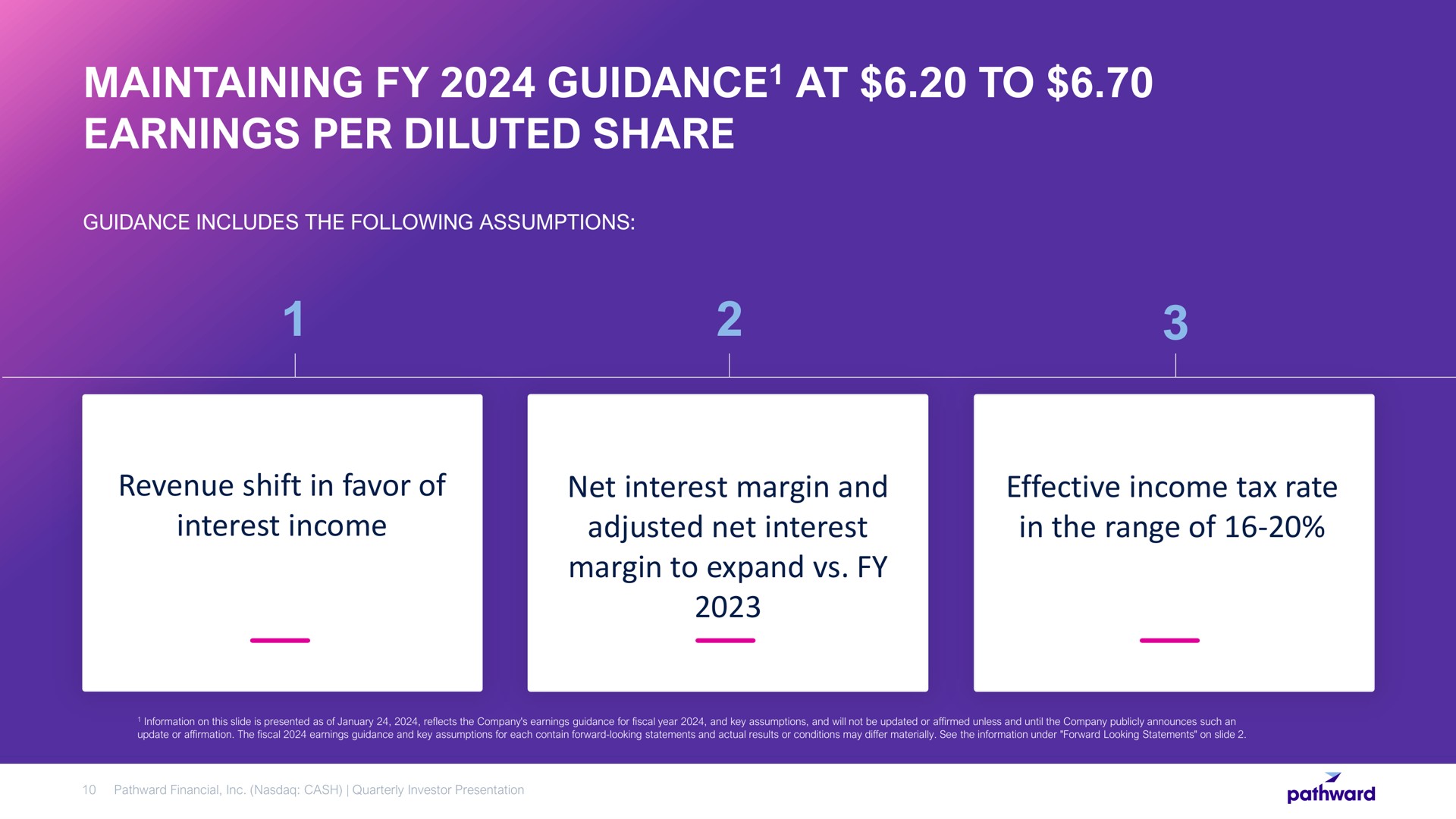 maintaining guidance at to earnings per diluted share revenue shift in favor of interest income net interest margin and adjusted net interest margin to expand effective income tax rate in the range of guidance | Pathward Financial