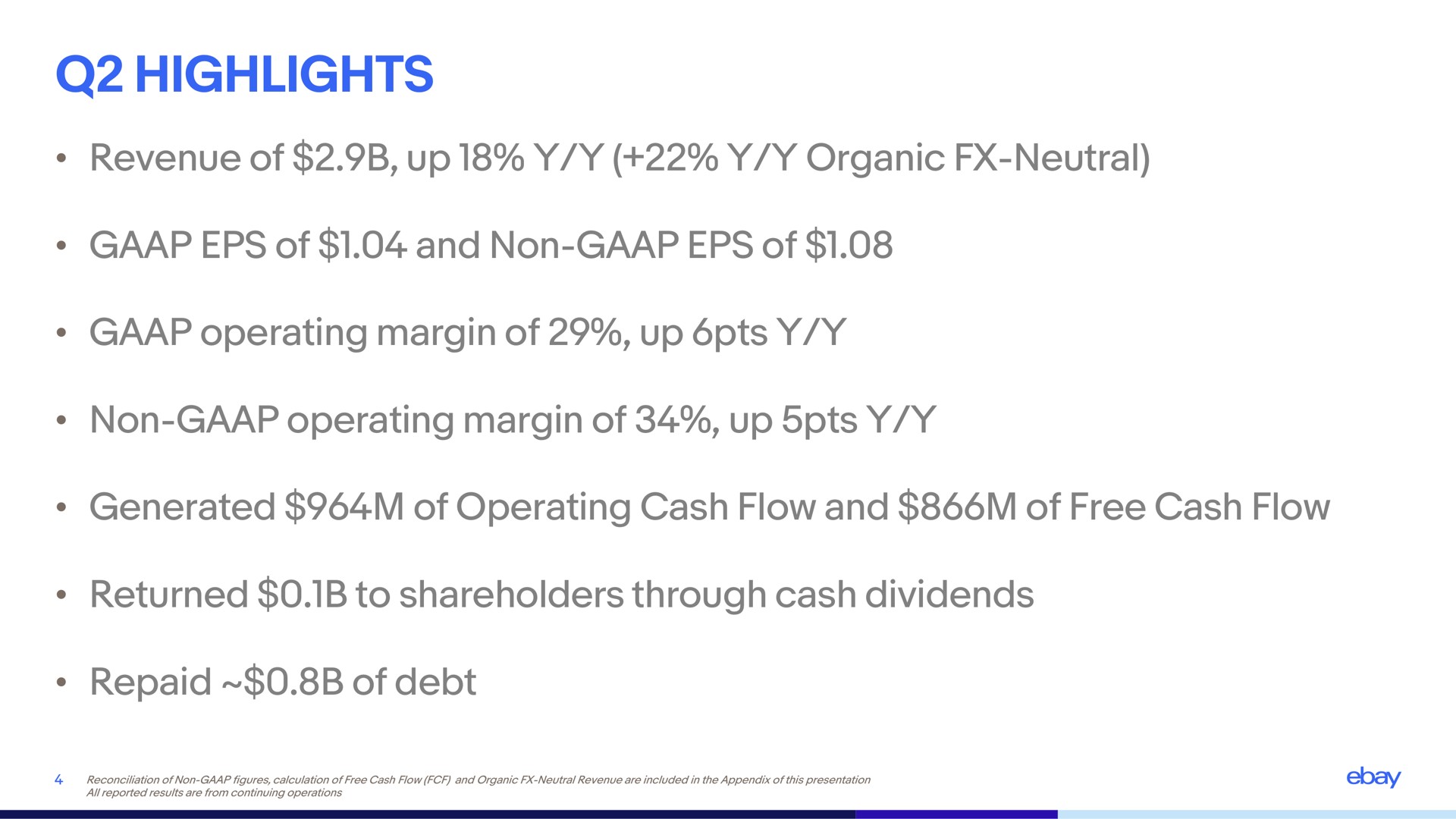 highlights revenue of up organic neutral of and non of operating margin of up non operating margin of up generated of operating cash flow and of free cash flow returned to shareholders through cash dividends repaid of debt | eBay