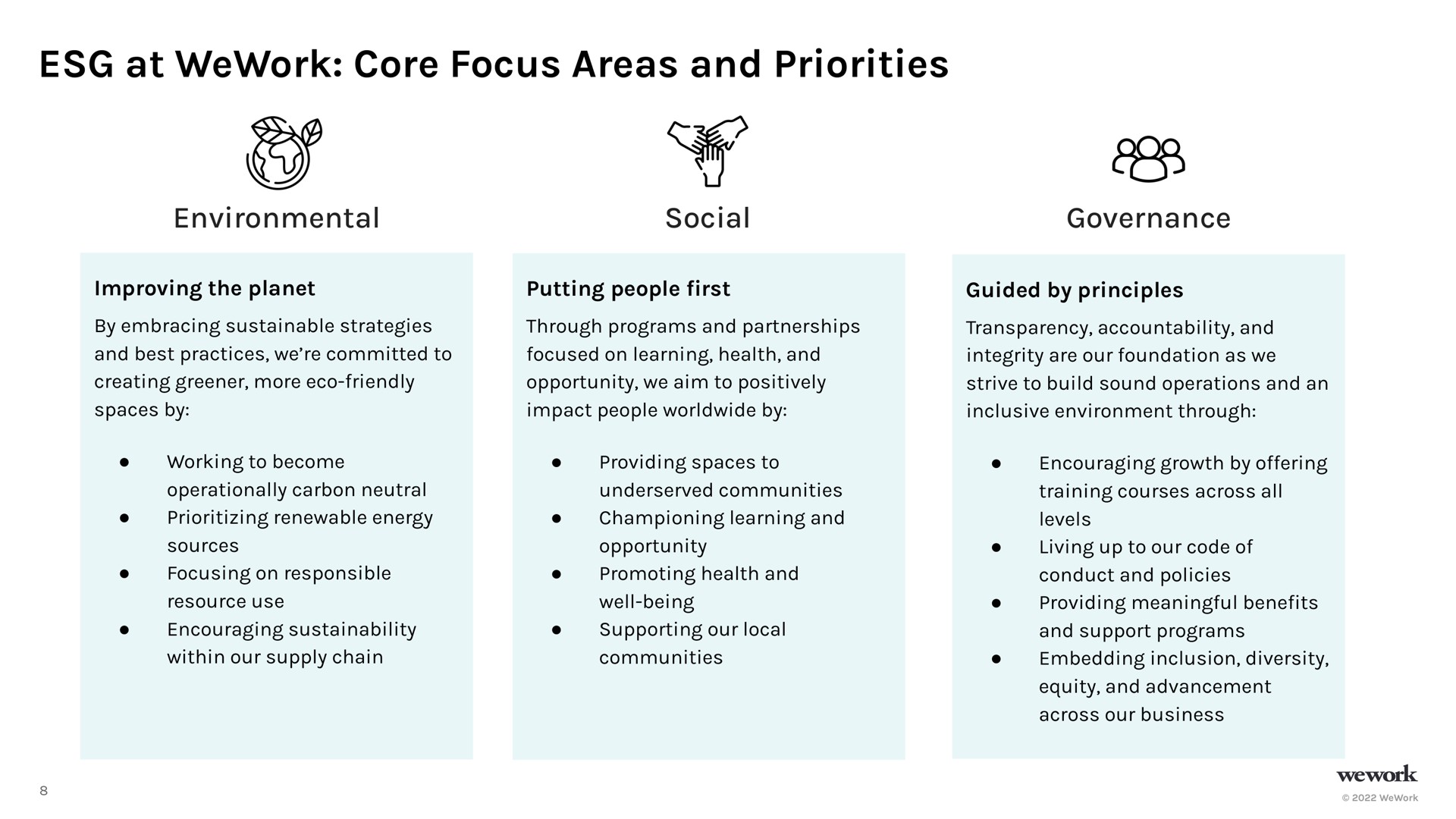 at core focus areas and priorities environmental social governance i a | WeWork