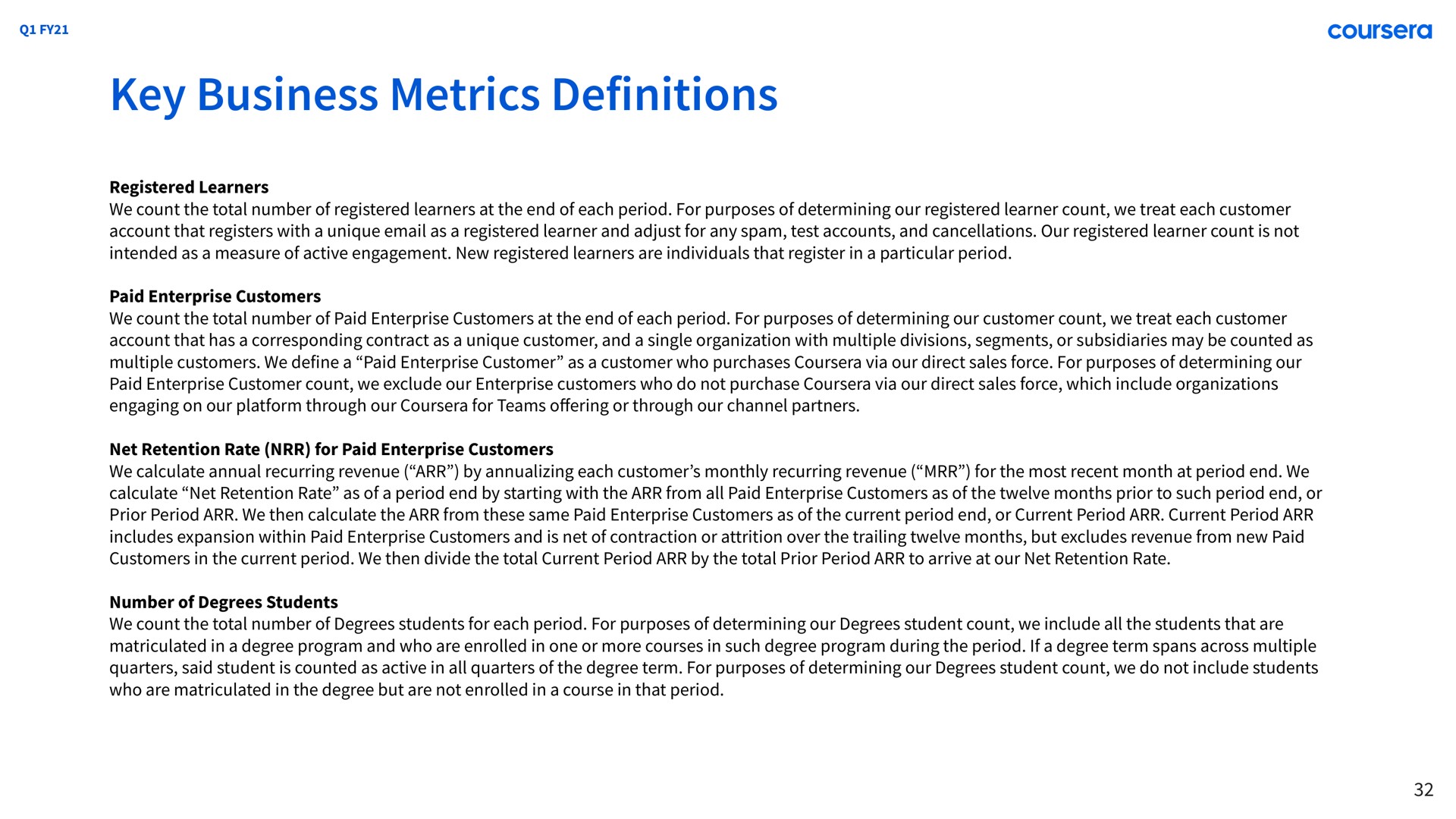 key business metrics definitions | Coursera