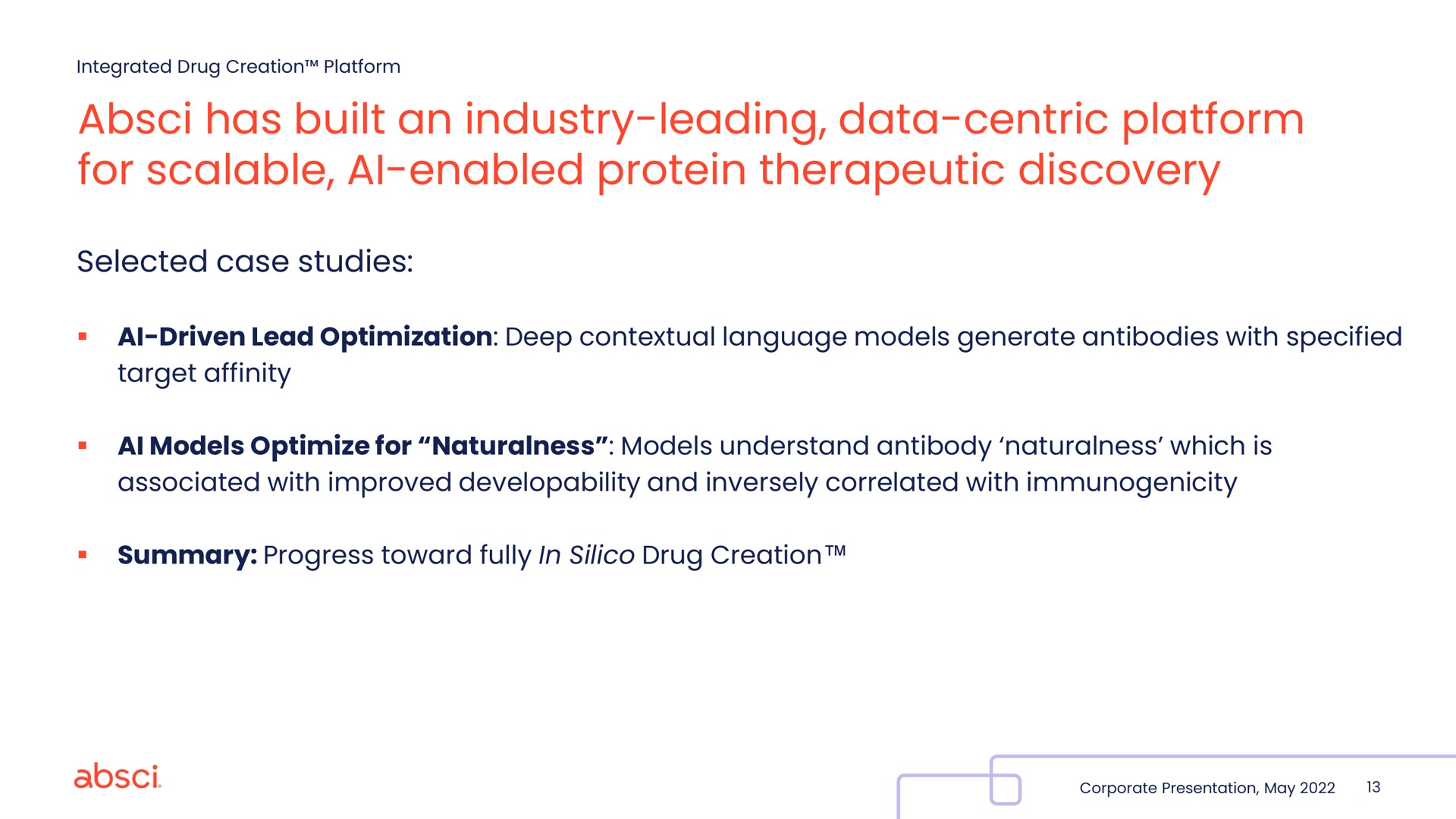 has built an industry leading data centric platform for scalable enabled protein therapeutic discovery enabled | Absci