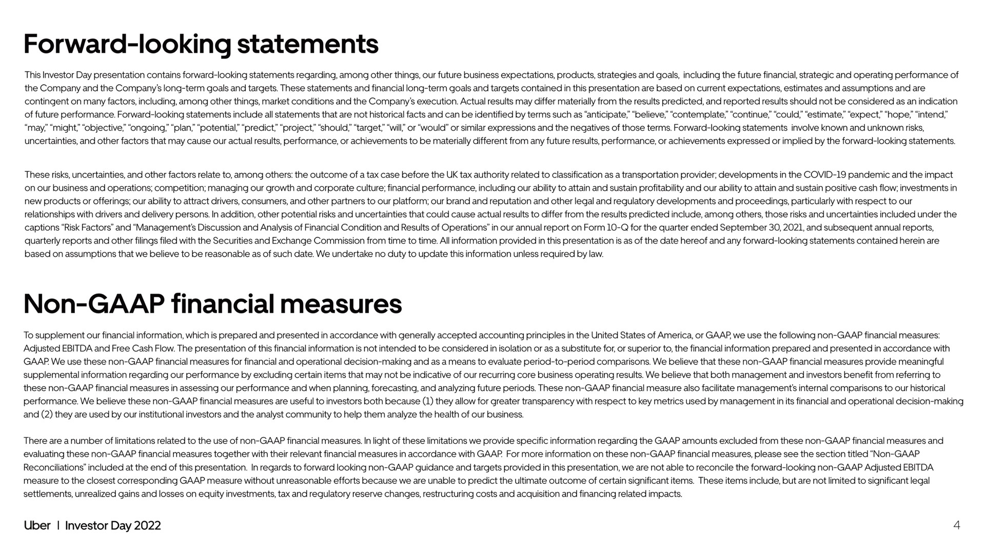 forward looking statements non financial measures | Uber