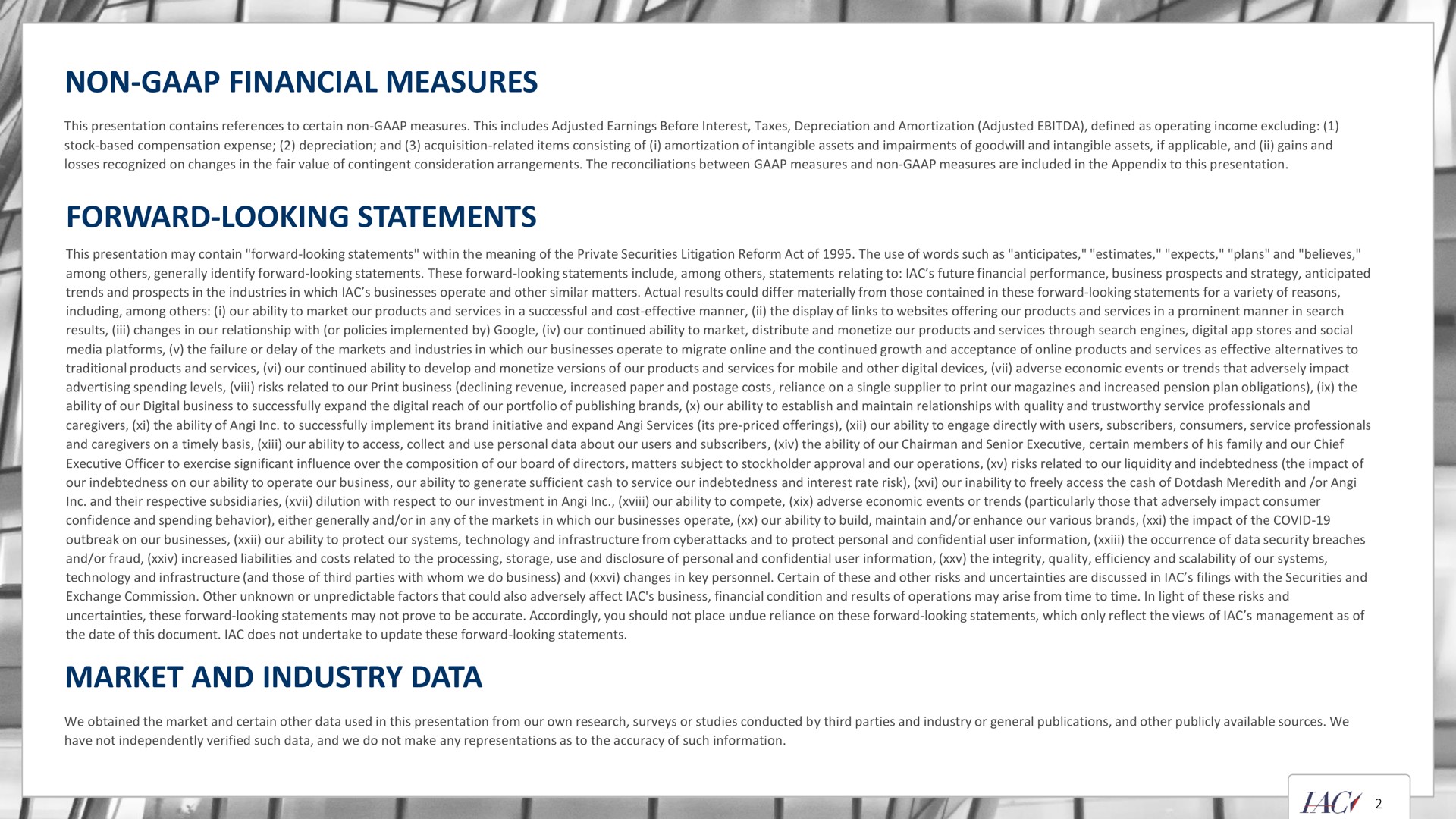 non financial measures forward looking statements market and industry data i a i | IAC