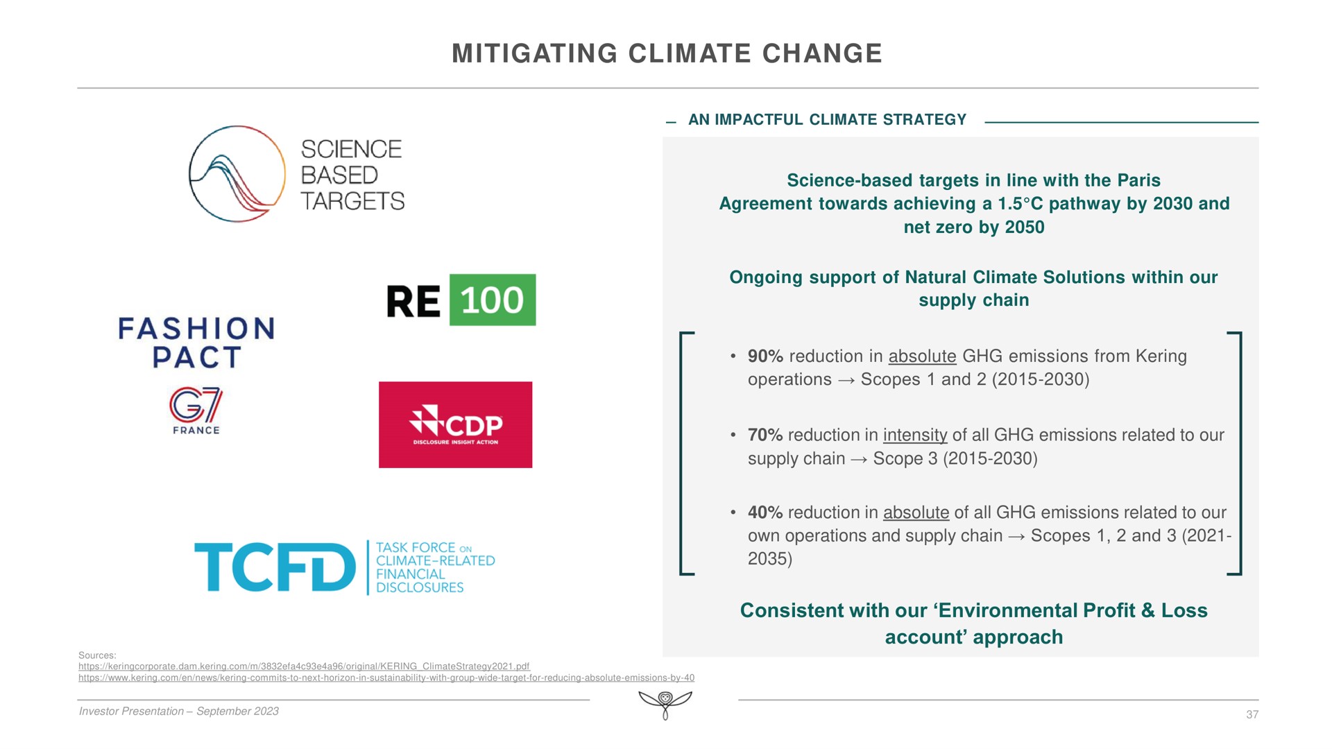 mitigating climate change consistent with our environmental profit loss account approach science targets fashion pact agreement towards achieving a pathway by and reduction in absolute emissions from | Kering