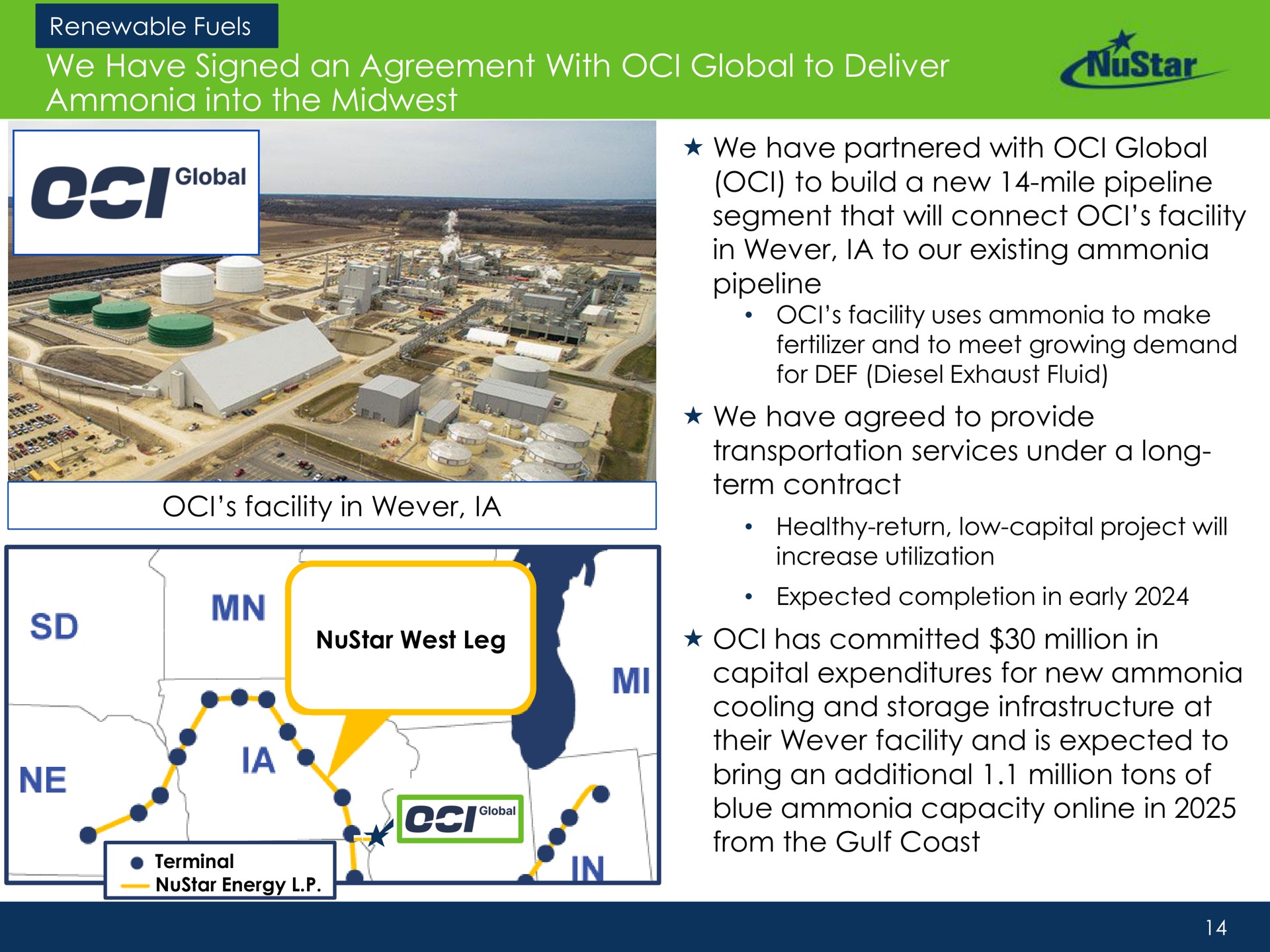we have signed an agreement with global to deliver ammonia into the build a new mile pipeline segment that will connect facility agreed provide transportation services under a long term contract expected completion in early a min cooling and storage infrastructure at their facility and is expected blue capacity in | NuStar Energy