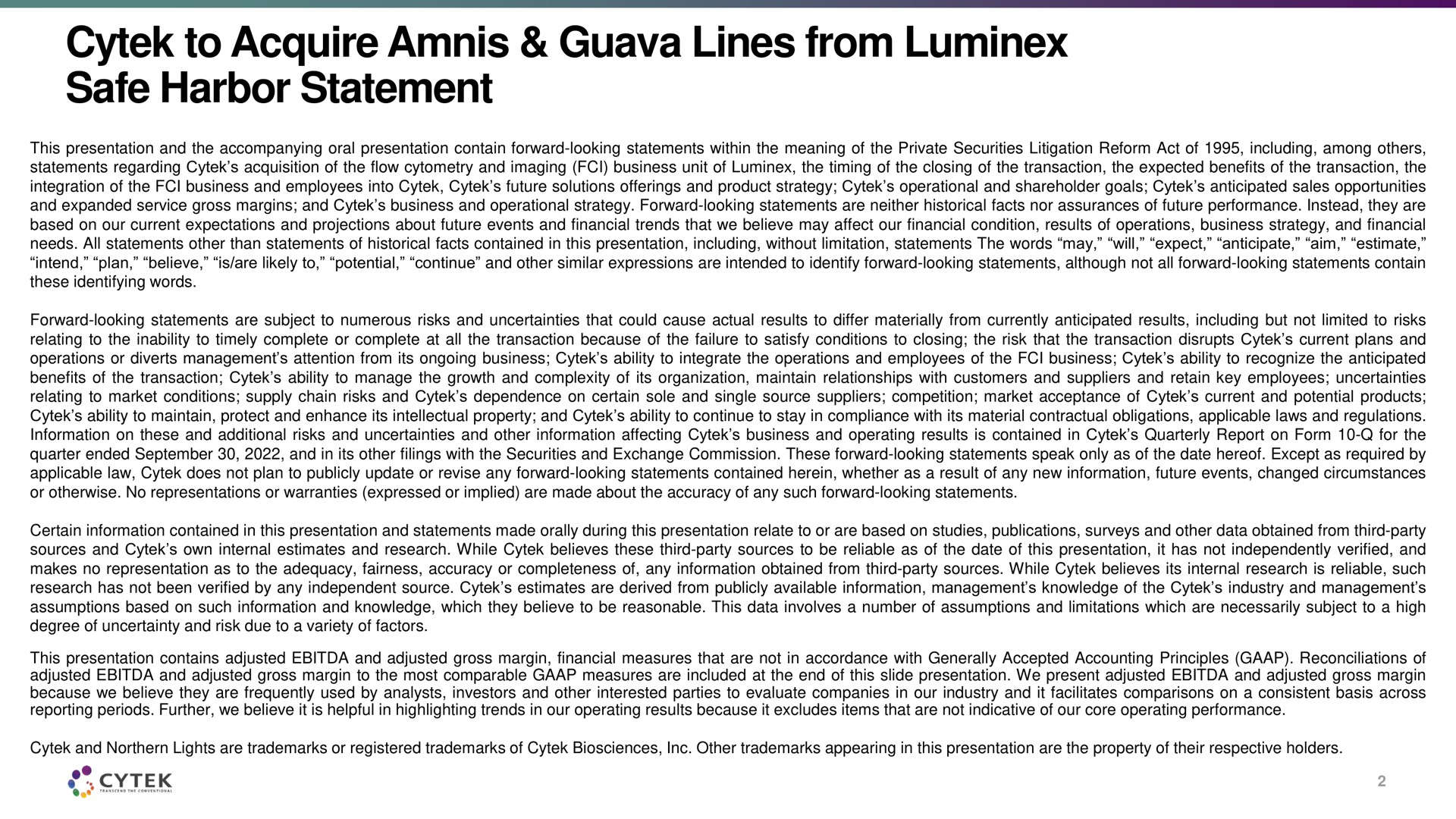 to acquire guava lines from safe harbor statement | Cytek