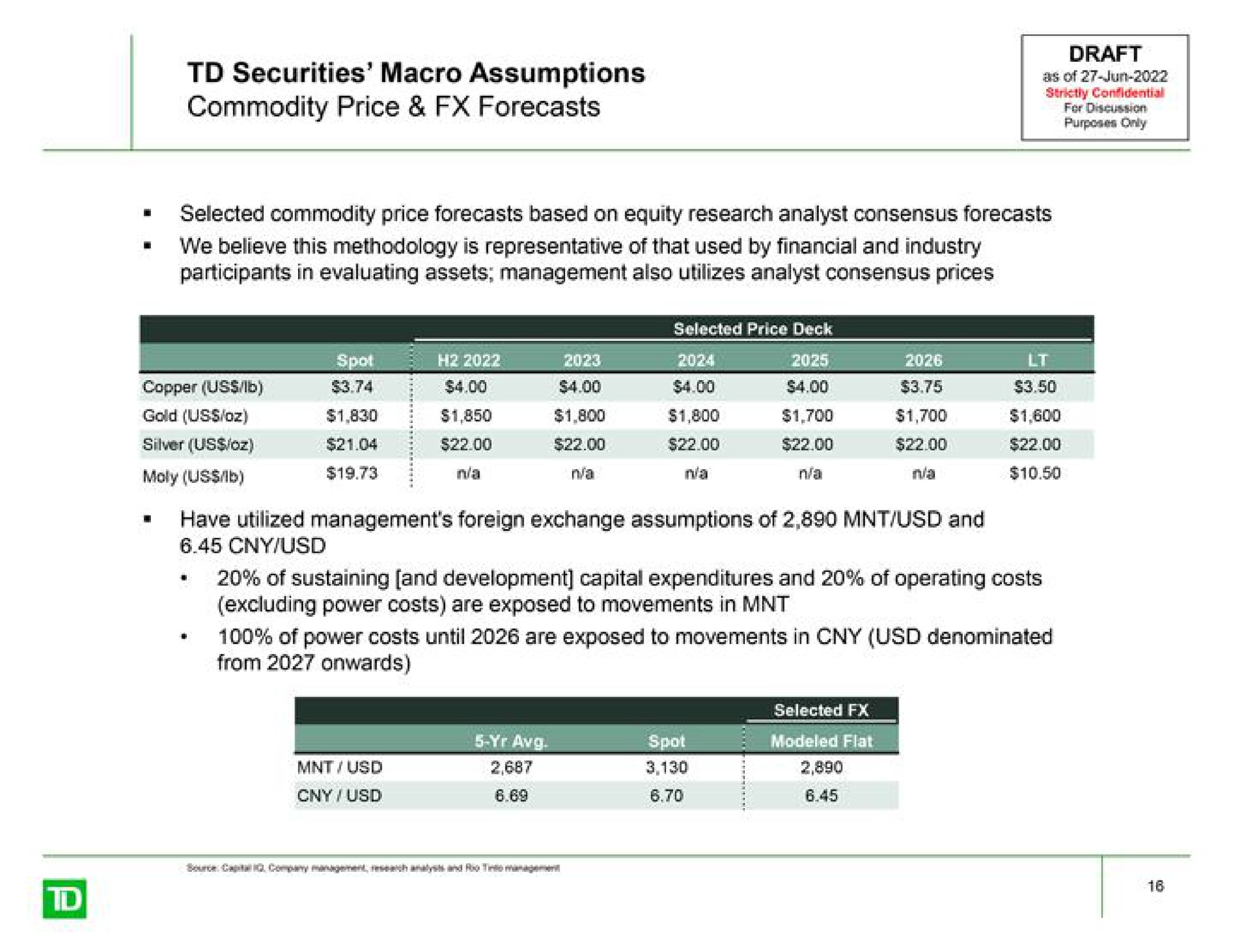 securities macro assumptions commodity price forecasts draft as of copper gold us silver us of sustaining and development capital expenditures and of operating costs from onwards | TD Securities