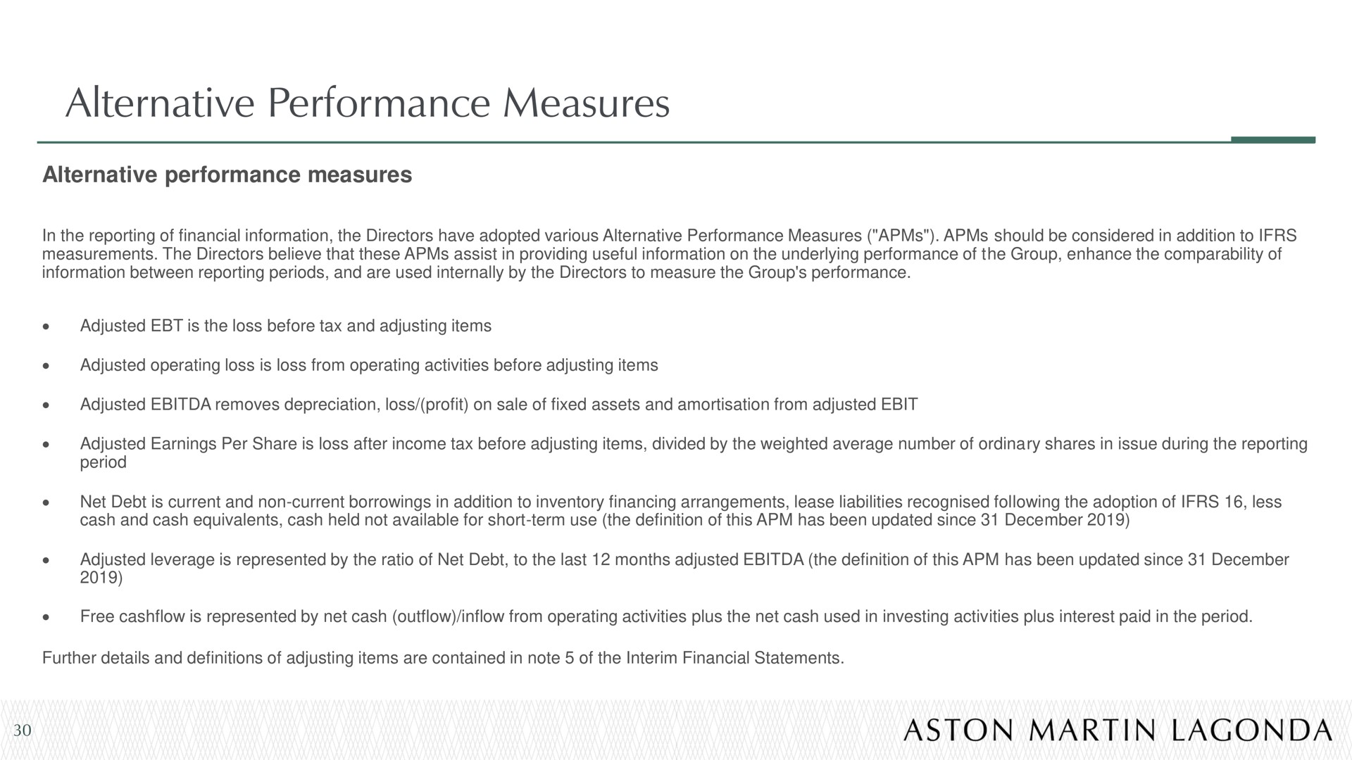alternative performance measures | Aston Martin Lagonda