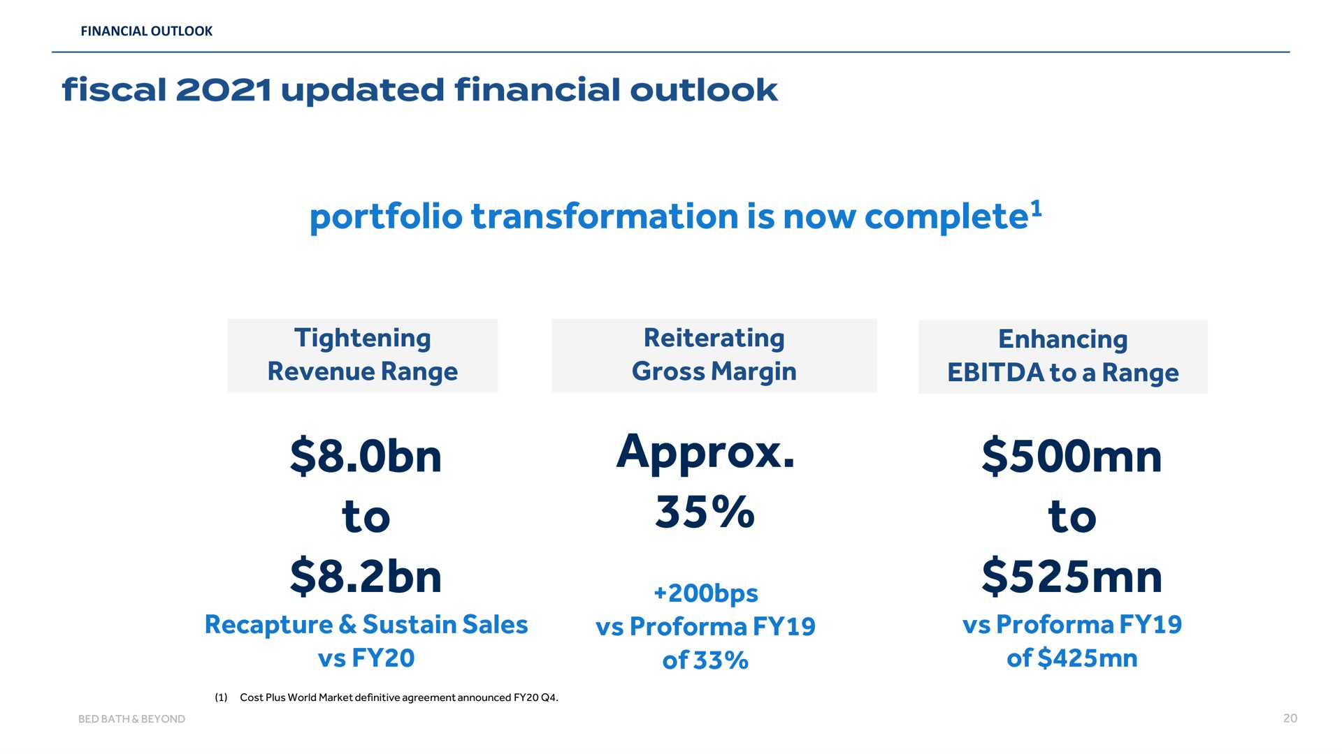 portfolio transformation is now complete tightening revenue range to recapture sustain sales reiterating gross margin of enhancing to a range to of fiscal updated financial outlook complete toa | Bed Bath & Beyond