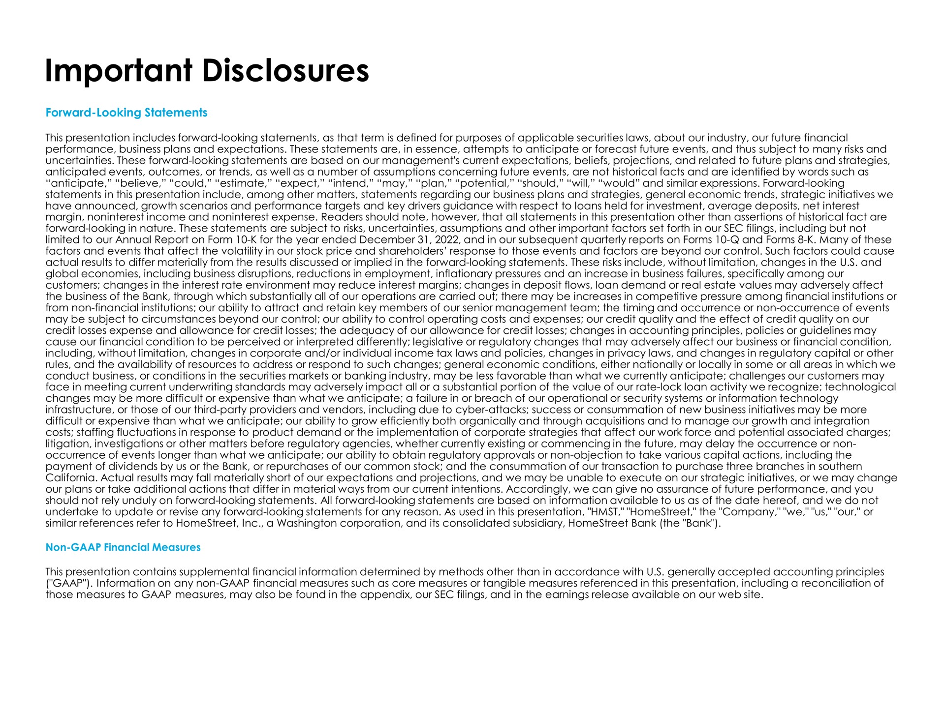 important disclosures | HomeStreet